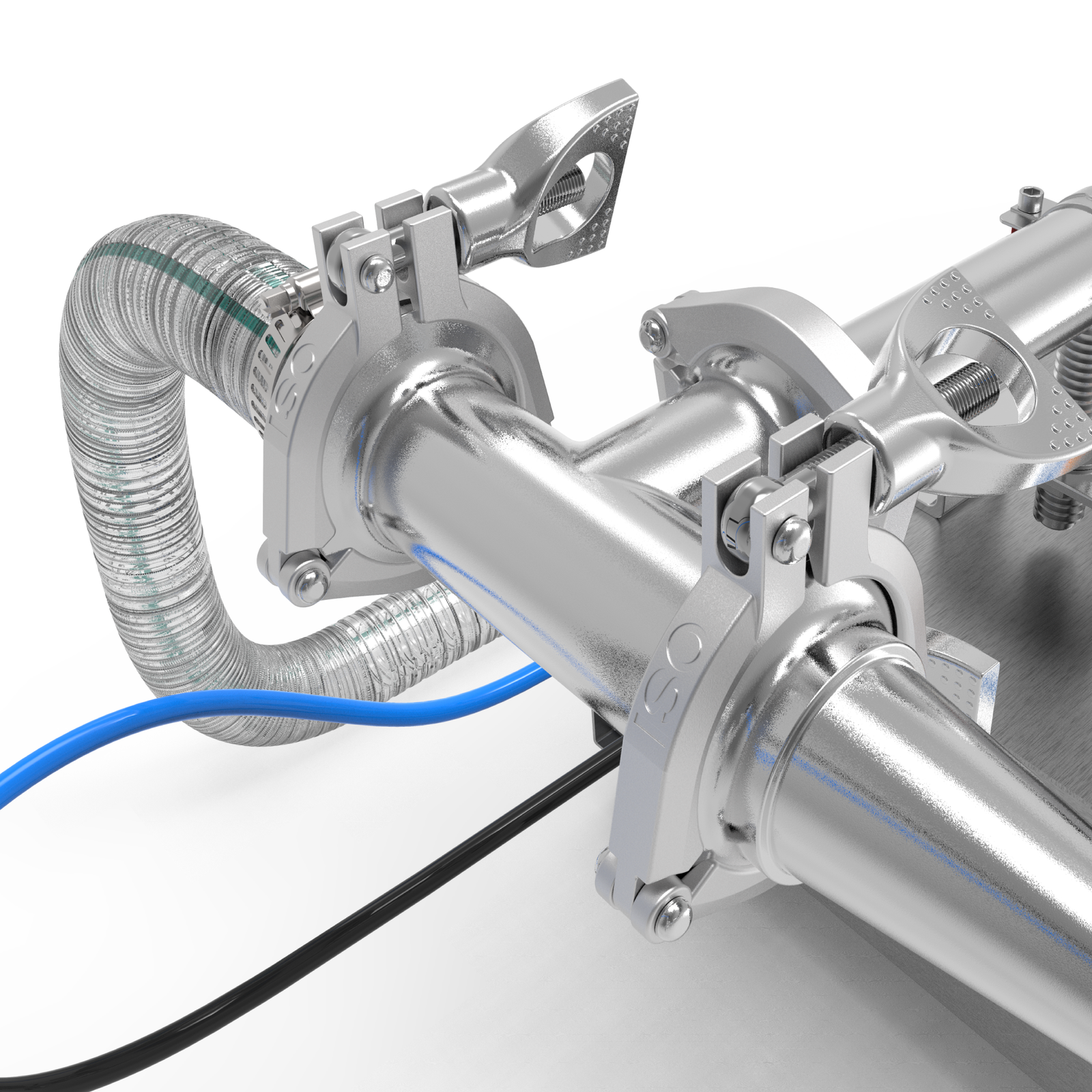 Closeup of the triclamps and main input hose of the JORES TECHNOLOGIES® Piston filler