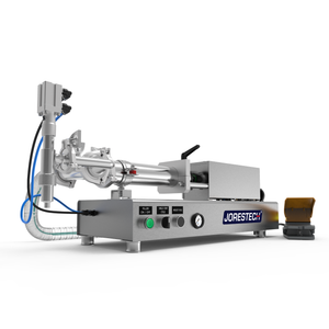 Low viscosity table top piston filler by JORES TECHNOLOGIES®. The piston filling machine is made out of stainless steel and there's a yellow and grey foot pedal is part of this filling machine.