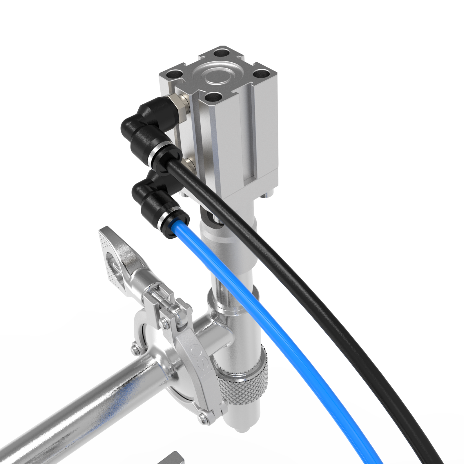 Closeup of the Non-drip liquid dispensing nozzle, compressed air hoses, and triclamp attachment for tool-less machine disassembly