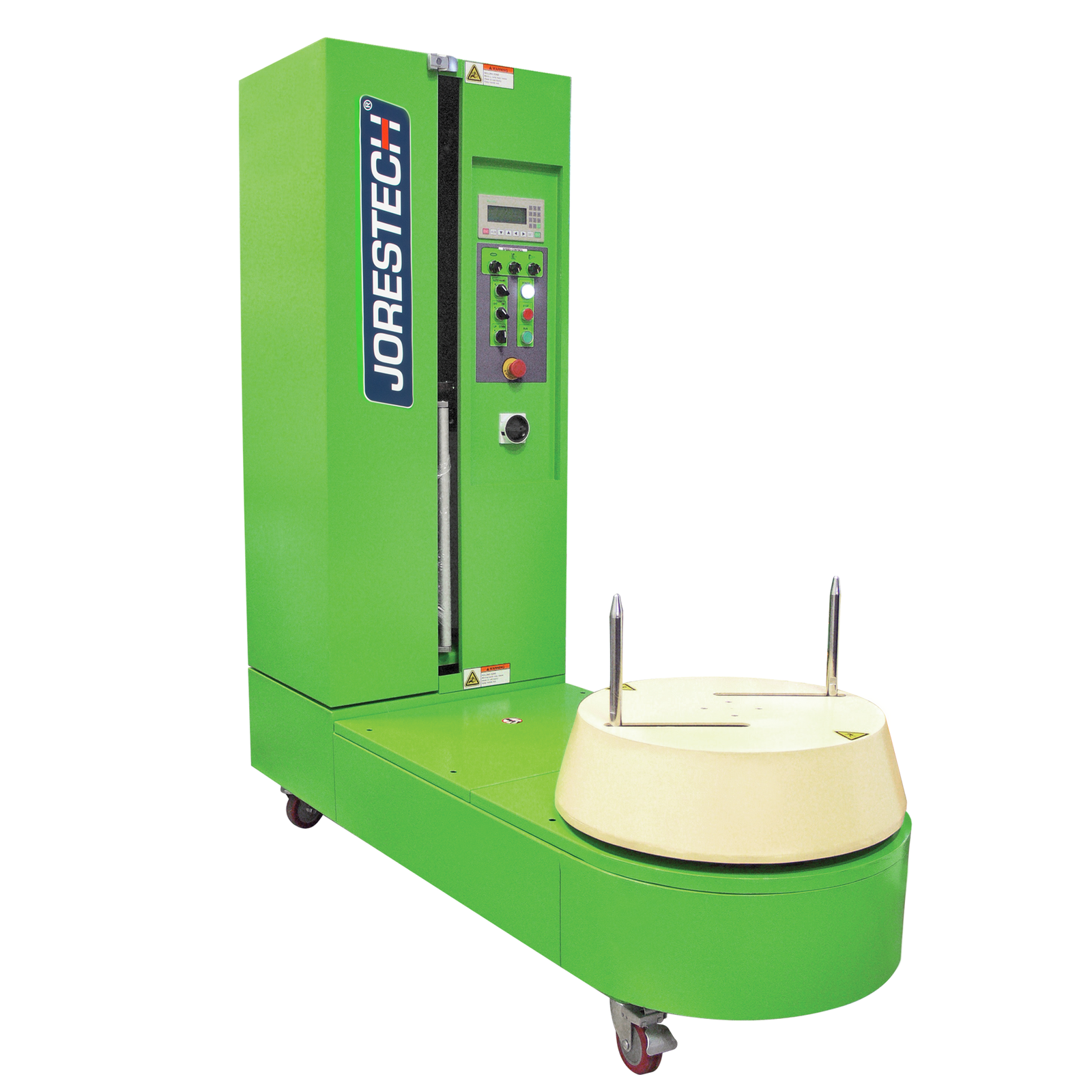 Green stretch Wrapping machine for suitcases over a white background