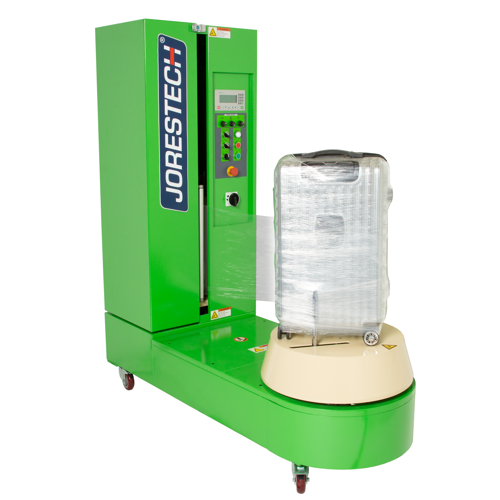 Green stretch Wrapping machine with a suitcase on the turntable being wrapped with stretch film over a white background