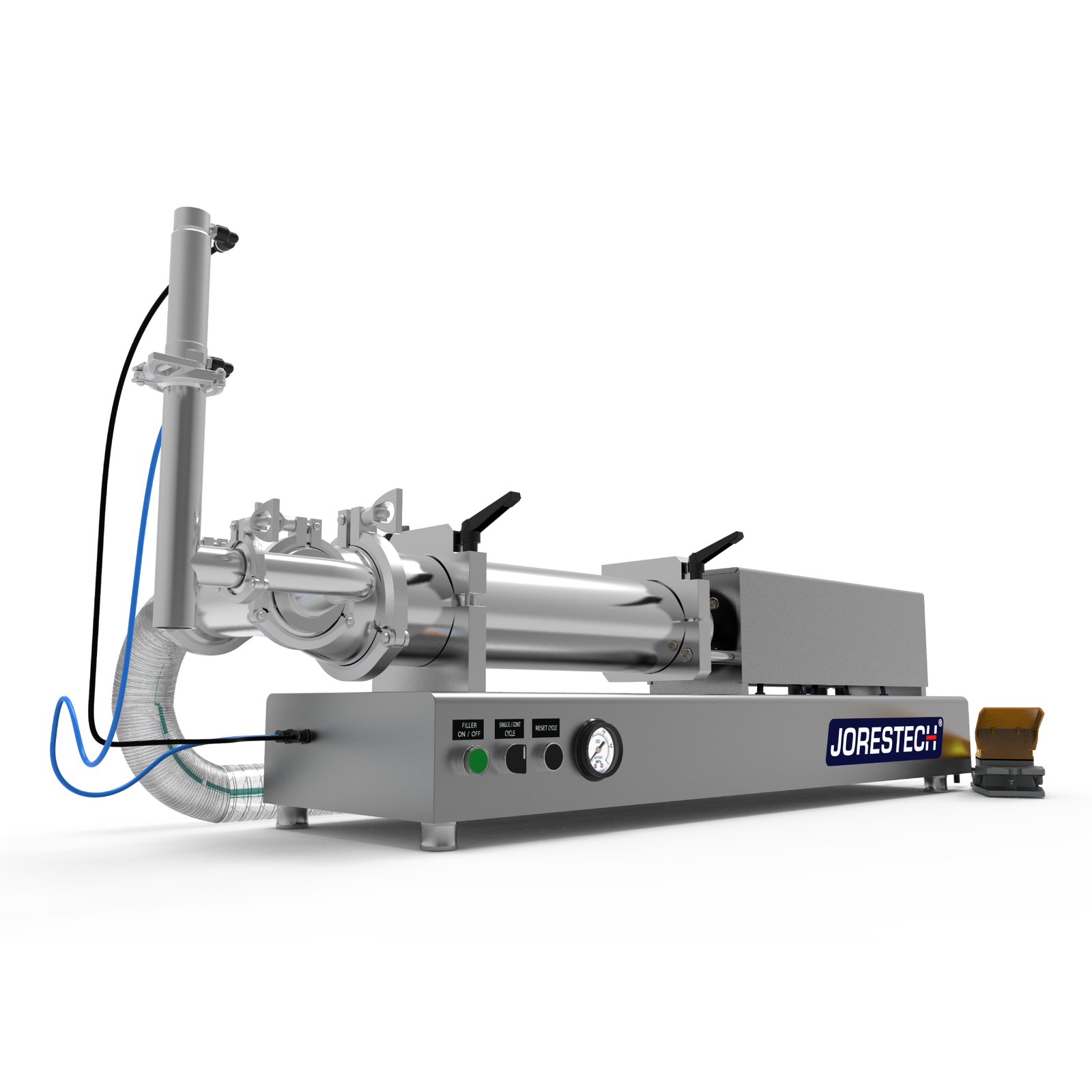 Low viscosity JORES TECHNOLOGIES® piston filling machine. The piston filler is made out of stainless steel and there's a yellow and grey foot pedal resting on the side which is part of the filler.