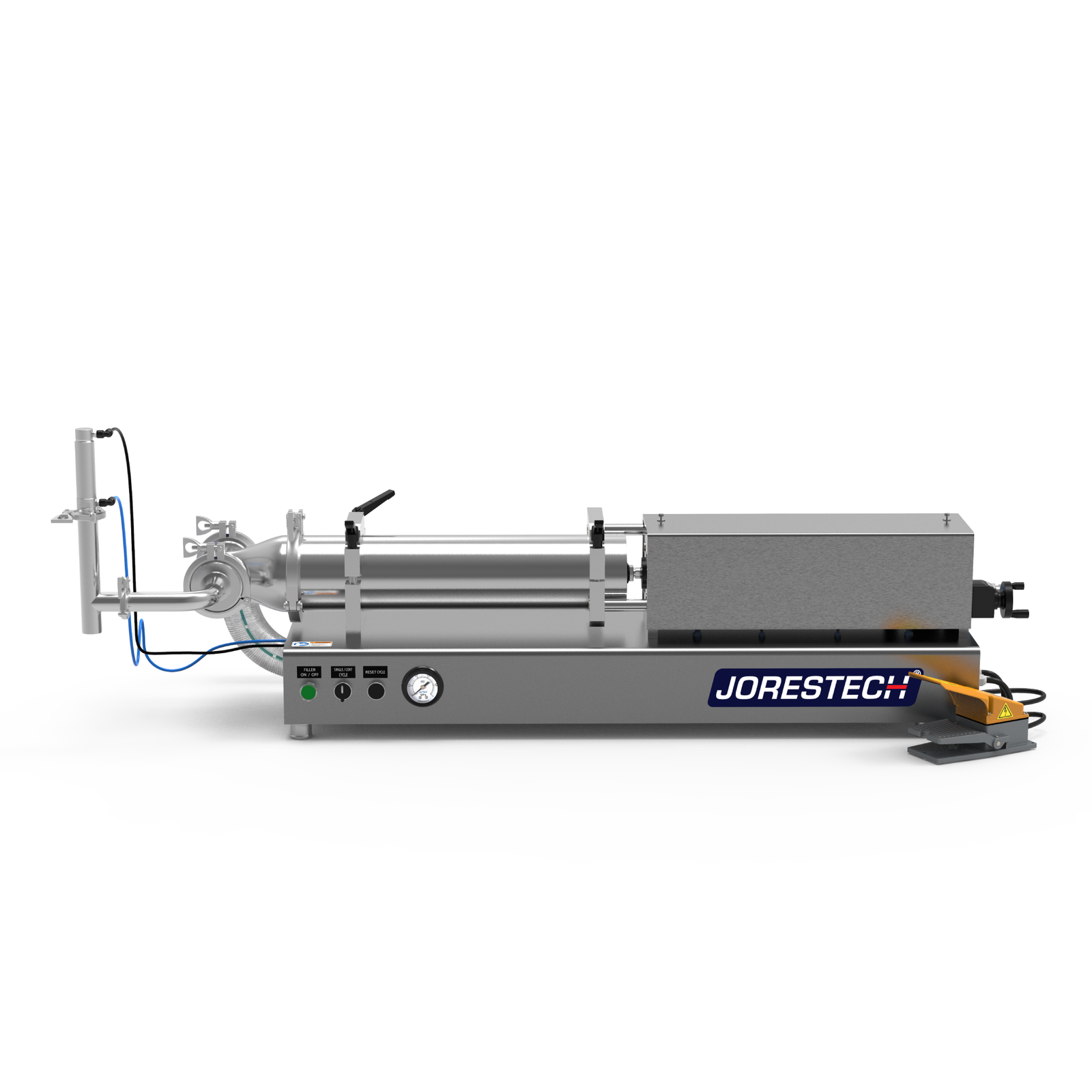 Low viscosity Jorestech piston filling machine in a frontal. The piston filler is made out of stainless steel and there's a yellow and grey foot pedal resting on the side.