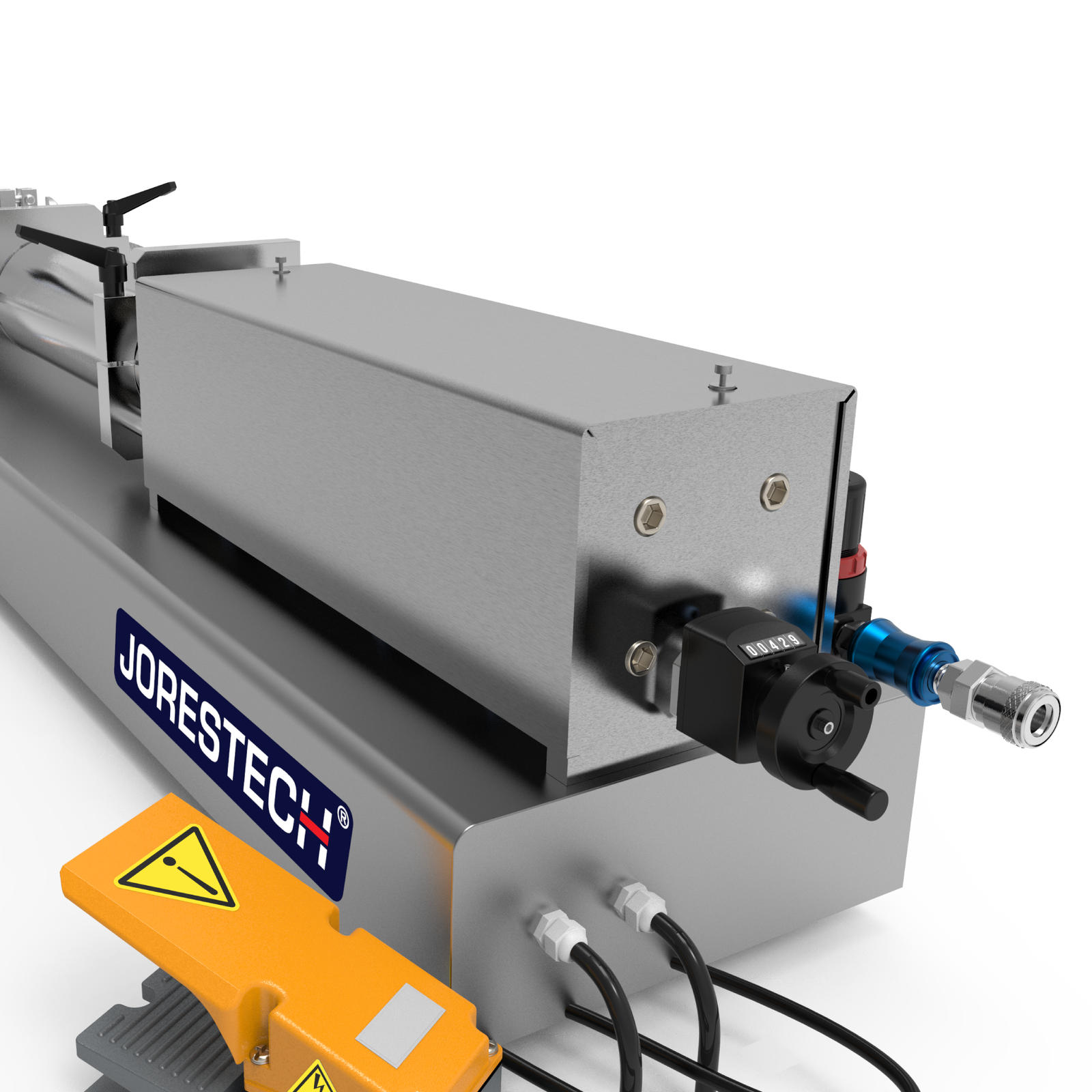 Low viscosity JORES TECHNOLOGIES® liquid filling machine shown from the back. The fill volume adjuster, main input hose, foot pedal, and compressed air connector can be easily appreciated.