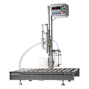 The Jorestech net weight liquid filler with integrated conveyor shown in a frontal view