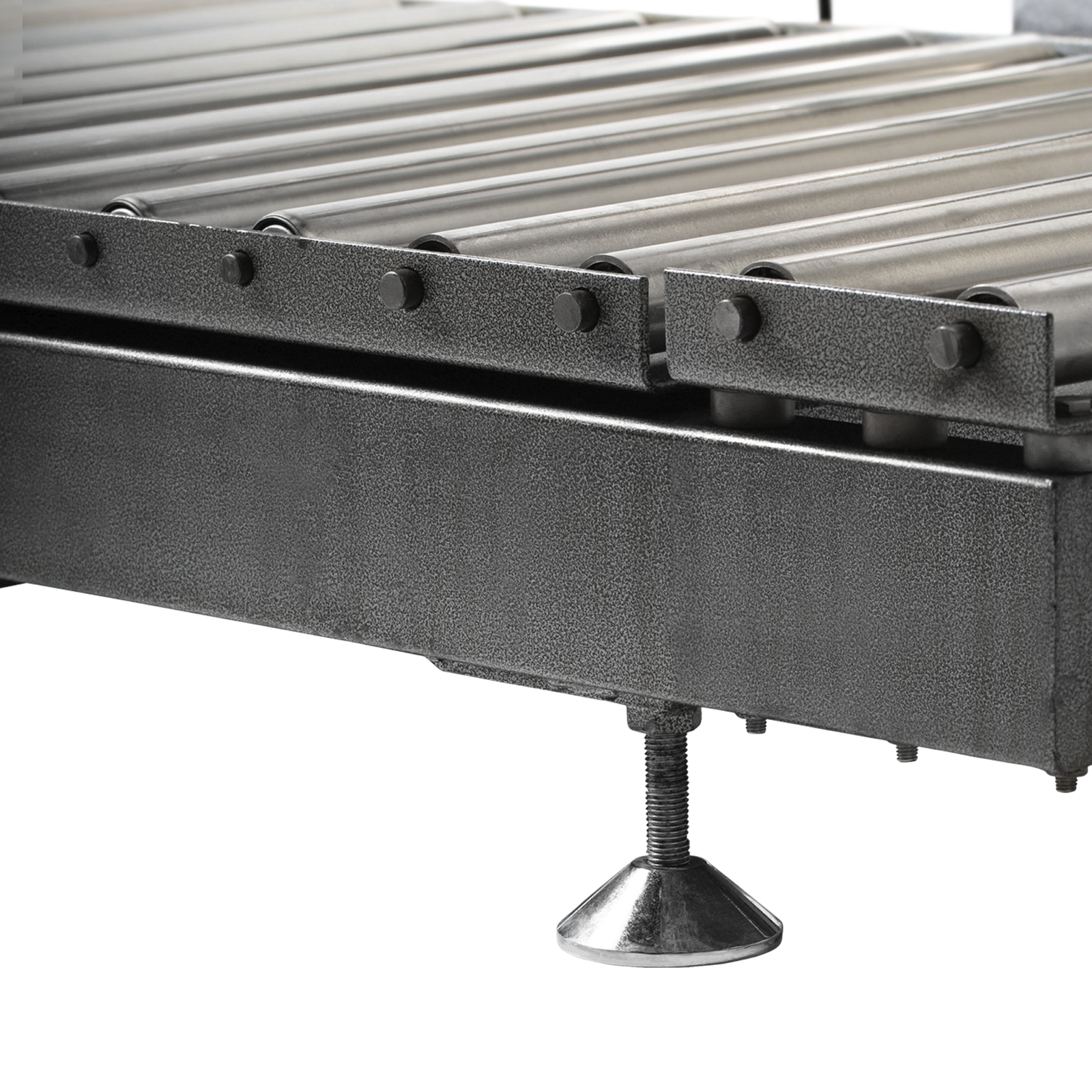 Closeup of the stainless steel rollers of the heavy duty conveyor and the height adjustable feet of the liquid net weight filler