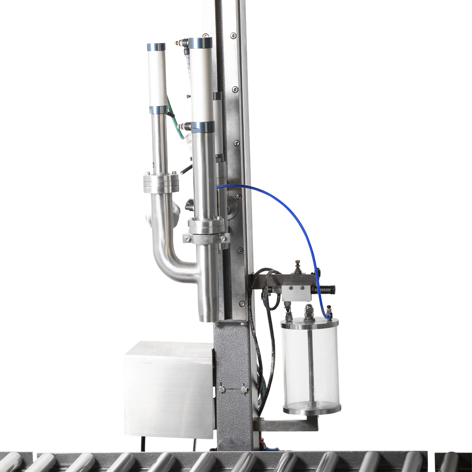 Closeup of the liquid net weight filler nozzle and the height adjustable tower.