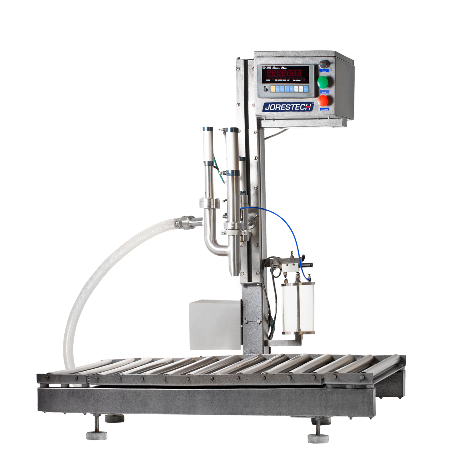 Net weight liquid filler with integrated conveyor by JORES TECHNOLOGIES®.