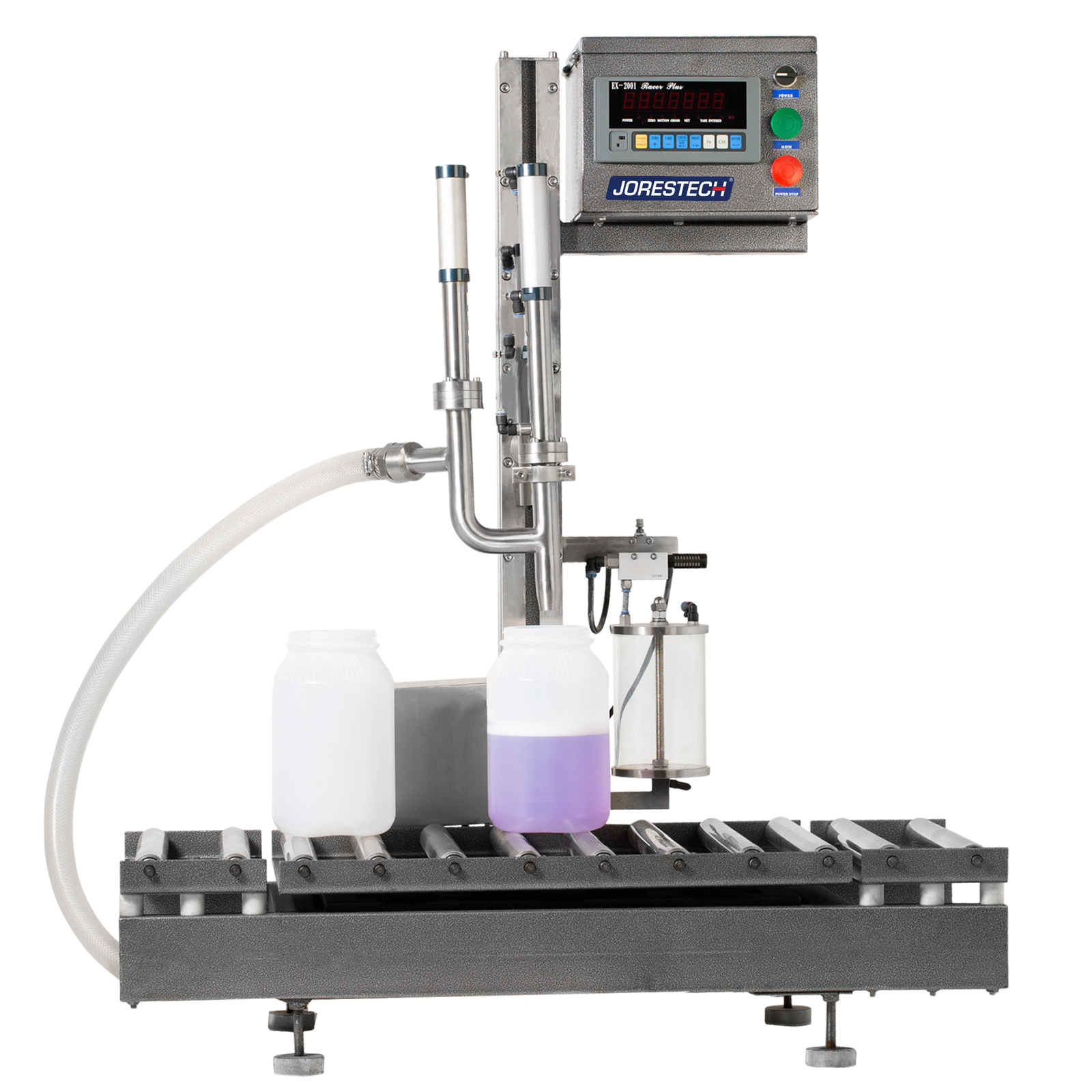 Image of the Jorestech net weight liquid filler with integrated roller conveyor shown in a frontal view over white background. There are two large containers on the conveyor, one of them is positioned below the dispensing nozzle and is being filled with a purple liquid solution.