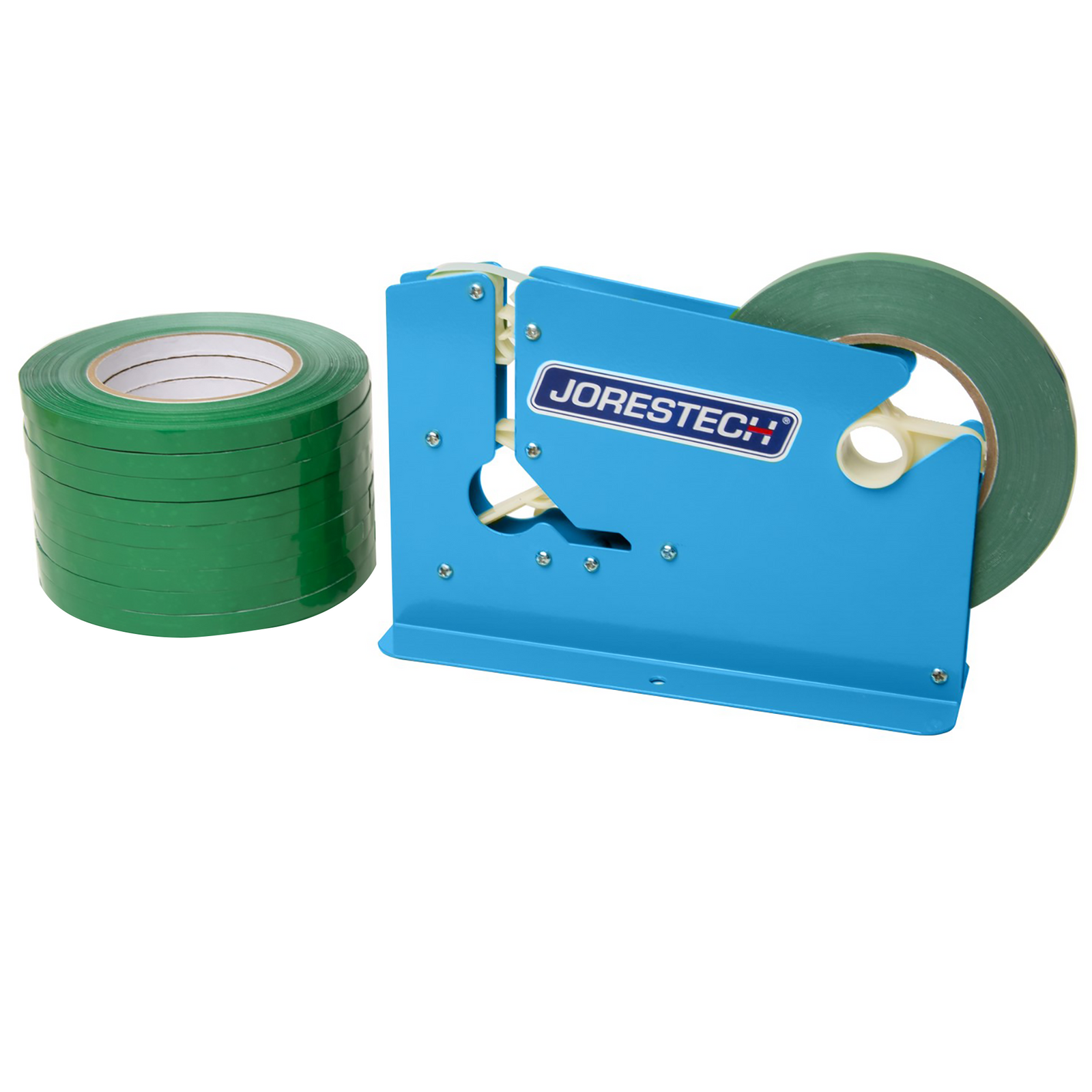 A JORESTECH powder coated blue manual bag taper with 10 green self adhesive tape rolls