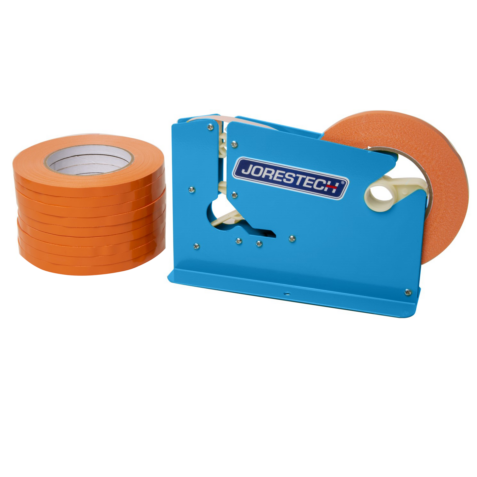 A powder coated blue manual bag taper with 10 orange self adhesive tape rolls over white background
