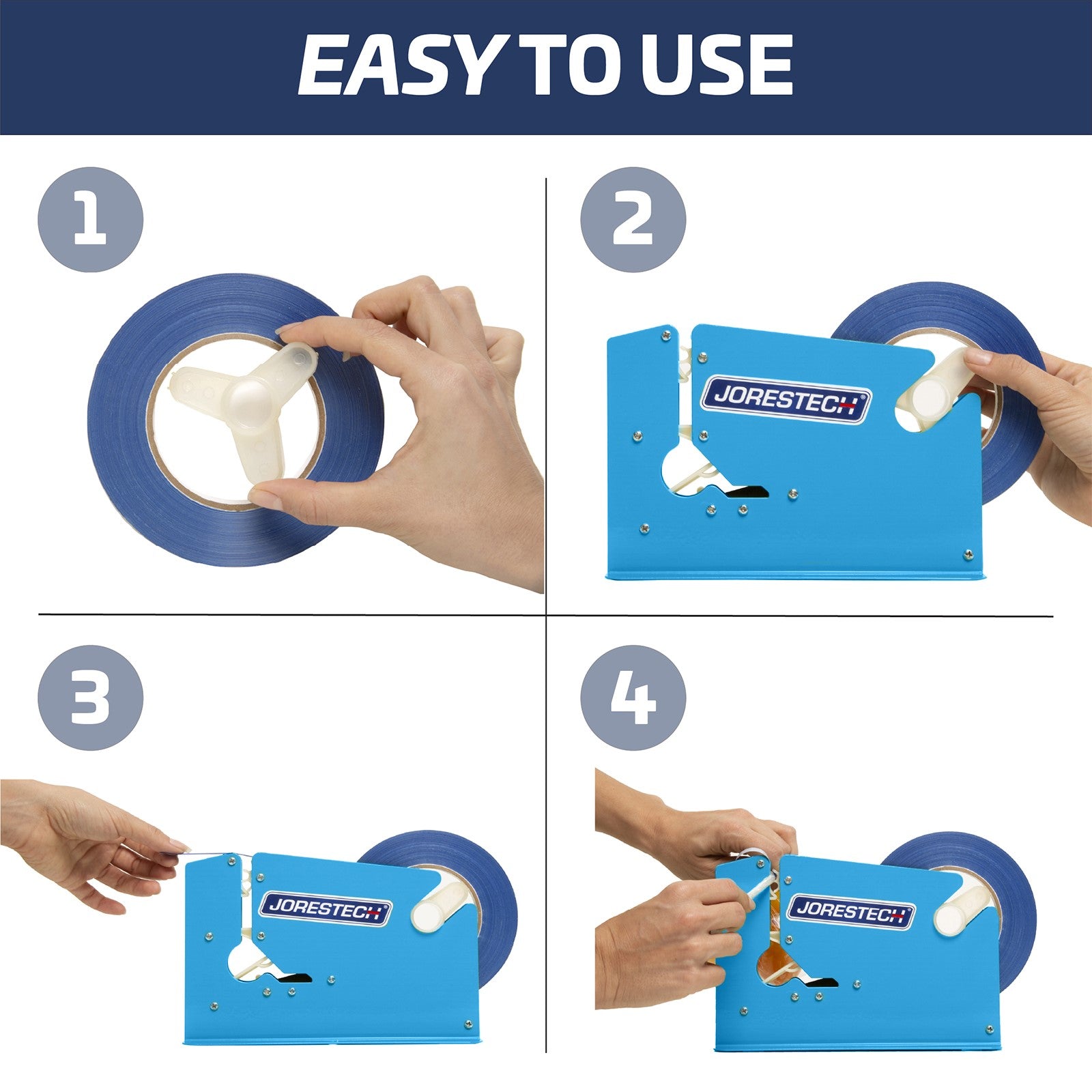 Split sequence of four steps showing how to install the adhesive tape to the JORESTECH manual bag taper. Top blue banner reads: 