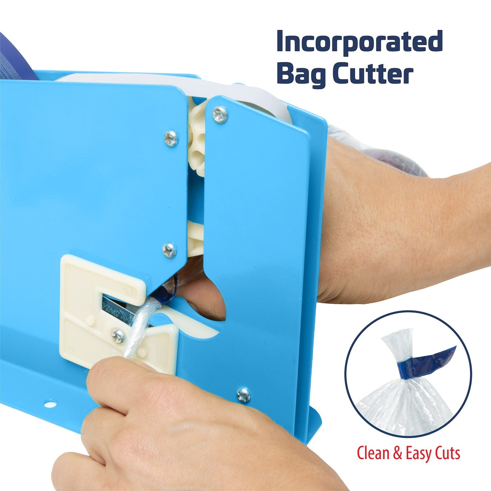 A person inserting the neck of a plastic bag into the JORES TECHNOLOGIES® bag taper and cutter. Text reads: incorporated bag cutter for clean and easy cuts