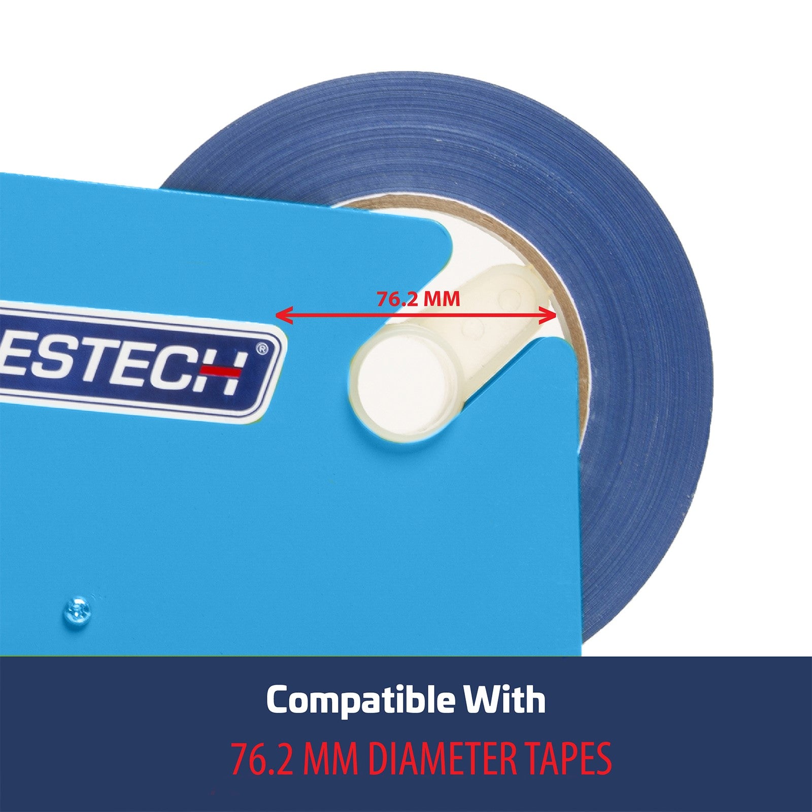 close-up of a blue tape roll positioned is a JORESTECH manual bag taper.  Bottom blue banner that says 