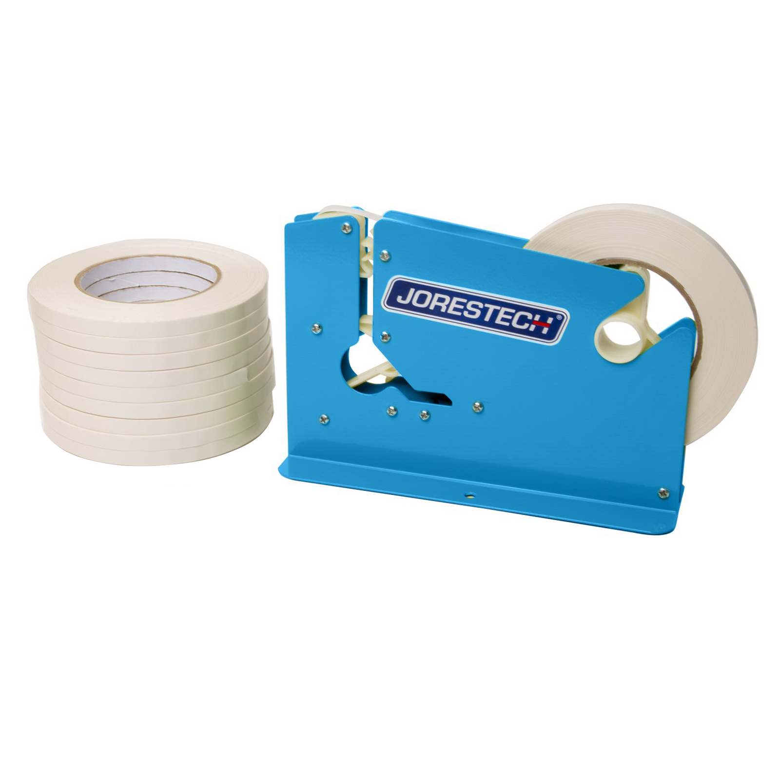 A JORESTECH powder coated blue manual bag taper with 10 white self adhesive tape rolls over white background