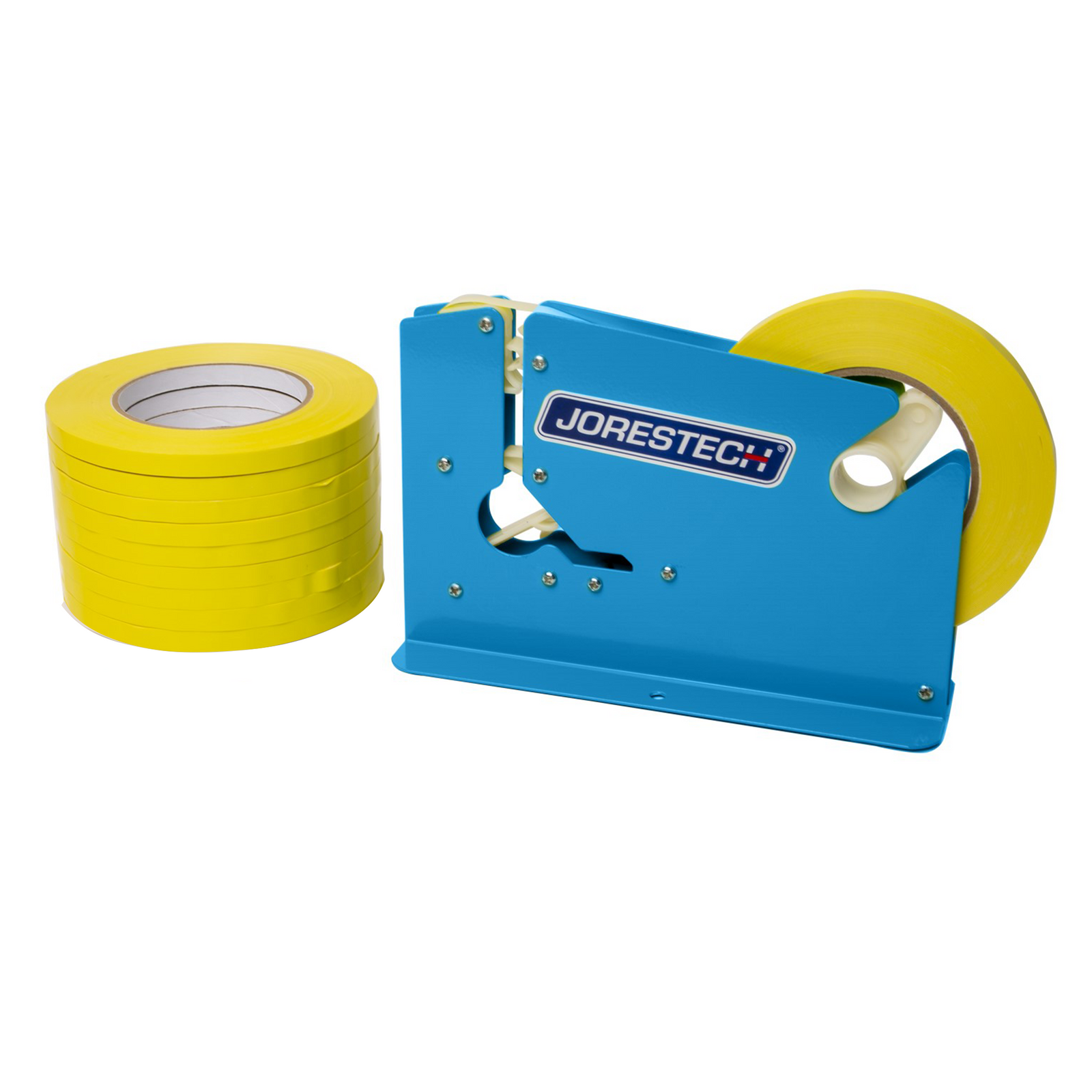 A JORESTECH powder coated blue manual bag taper with 10 yellow self adhesive tape rolls over white background