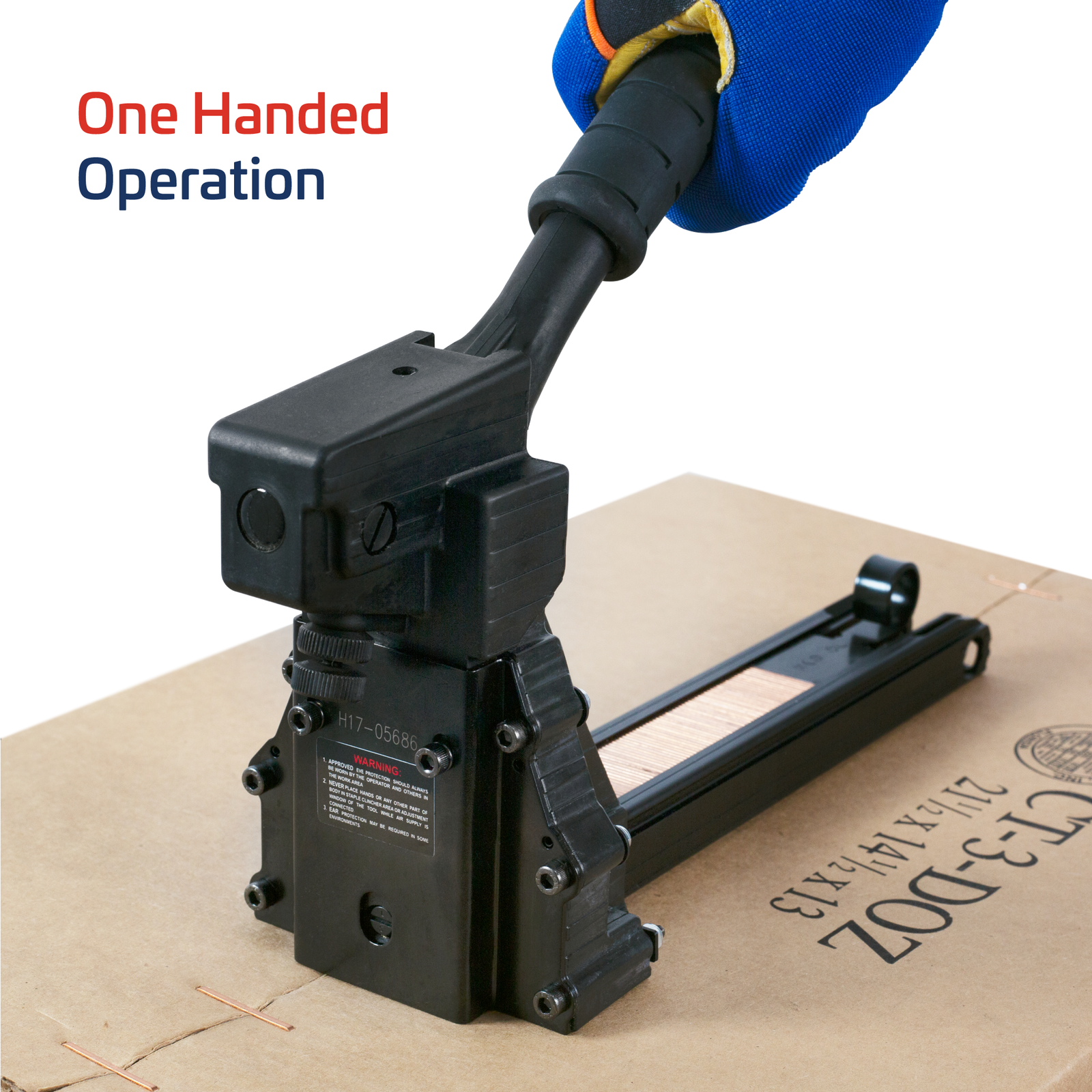 operator wearing blue gloves holding onto black handle stapling boxes. image states in blue/red 