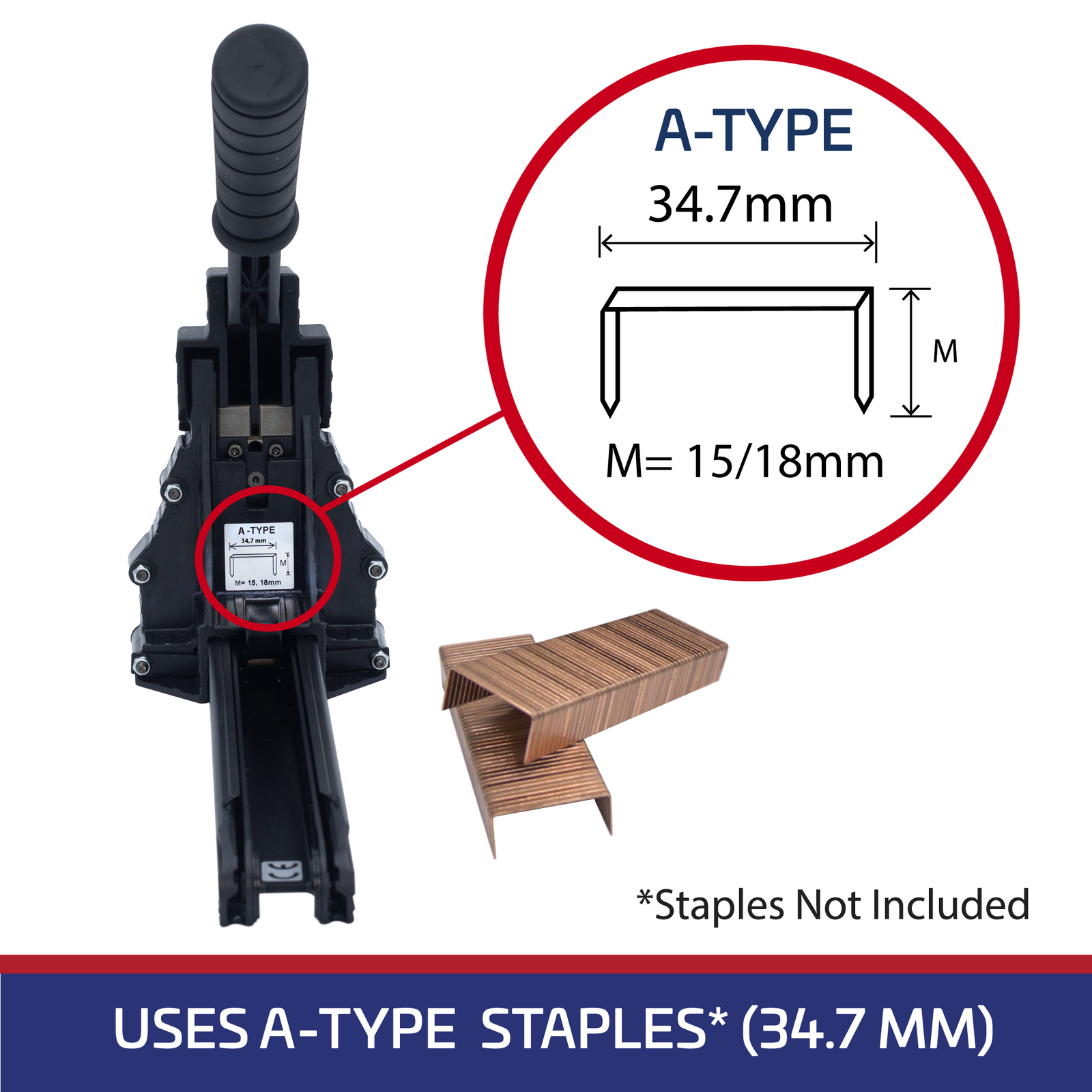 blue and red infographic showing measurements of acceptable staples for black manual carton stapler 34.7mm. Reads: staples not included.
