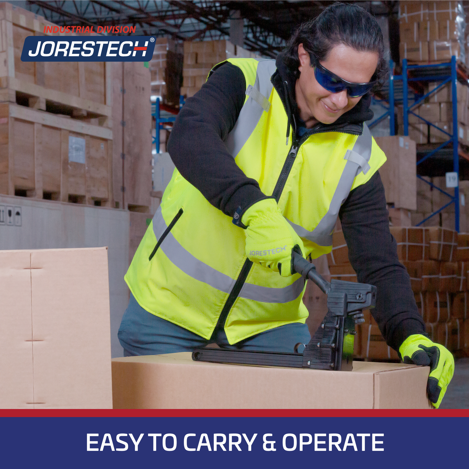 man wearing hi-vis green vest and gloves stapling boxes using manual carton stapler. Features blue banner that says easy to carry and use