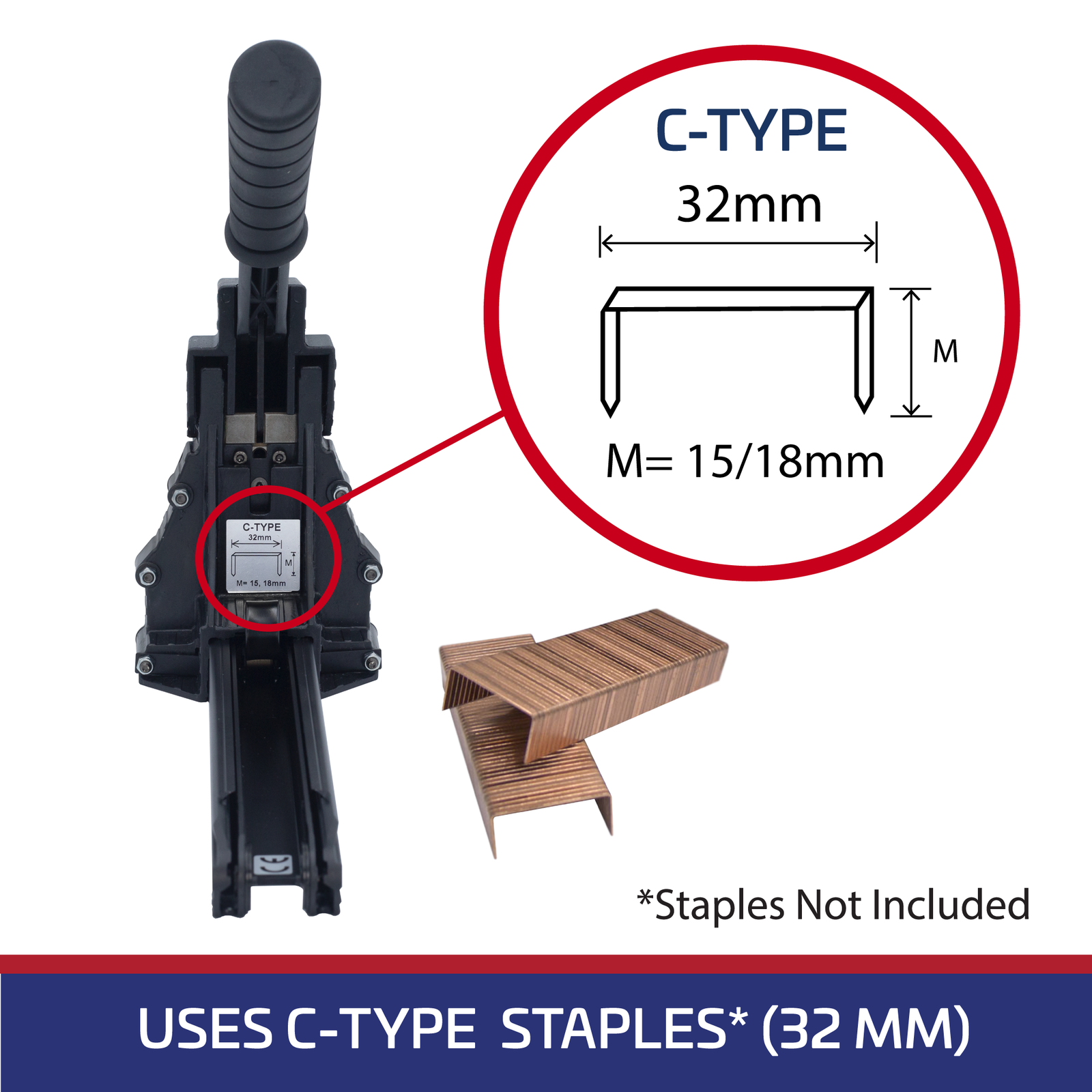 blue and red infographic showing measurements of acceptable staples for black manual carton stapler 32mm. Staples not included