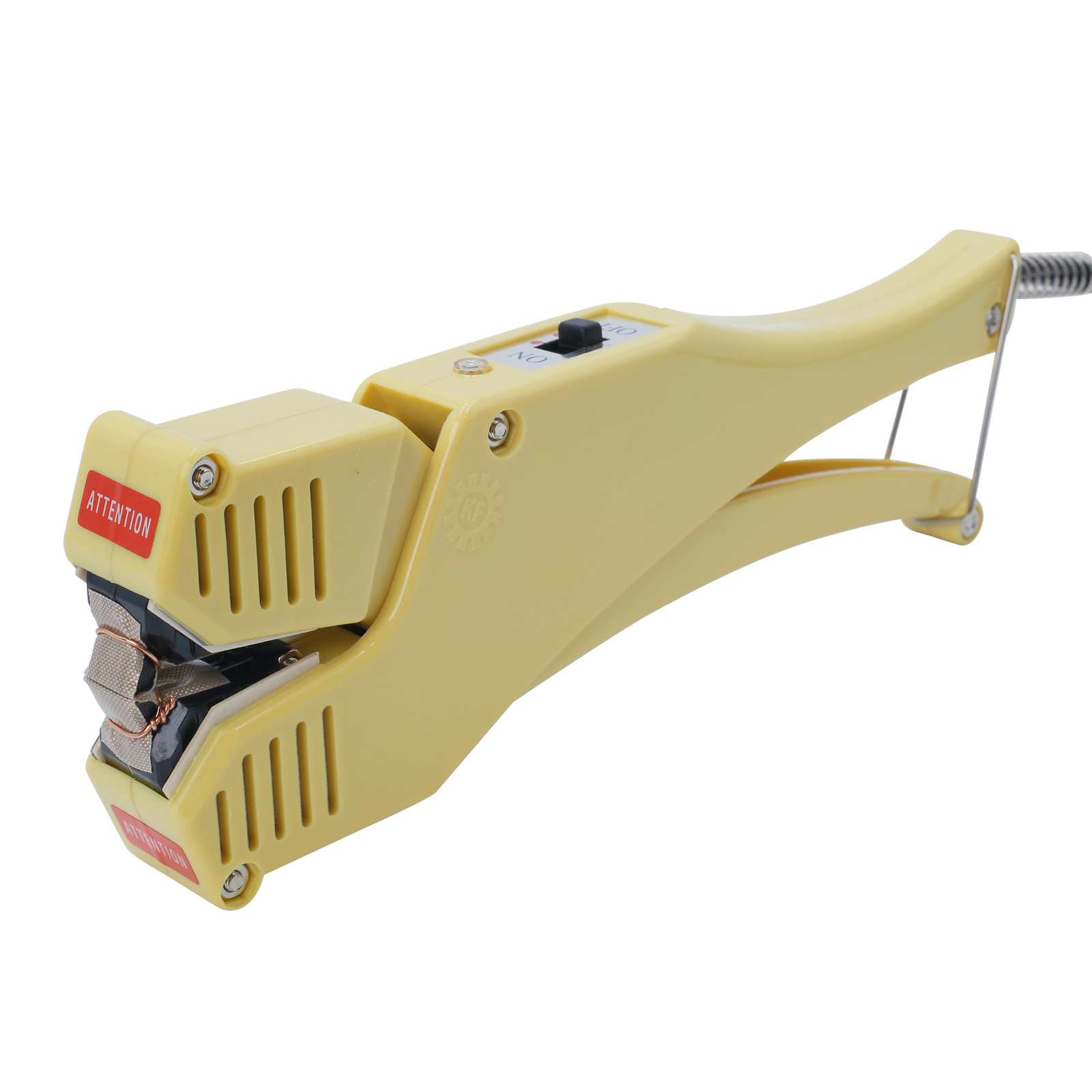 yellow manual direct heat clamshell sealer with red attention label