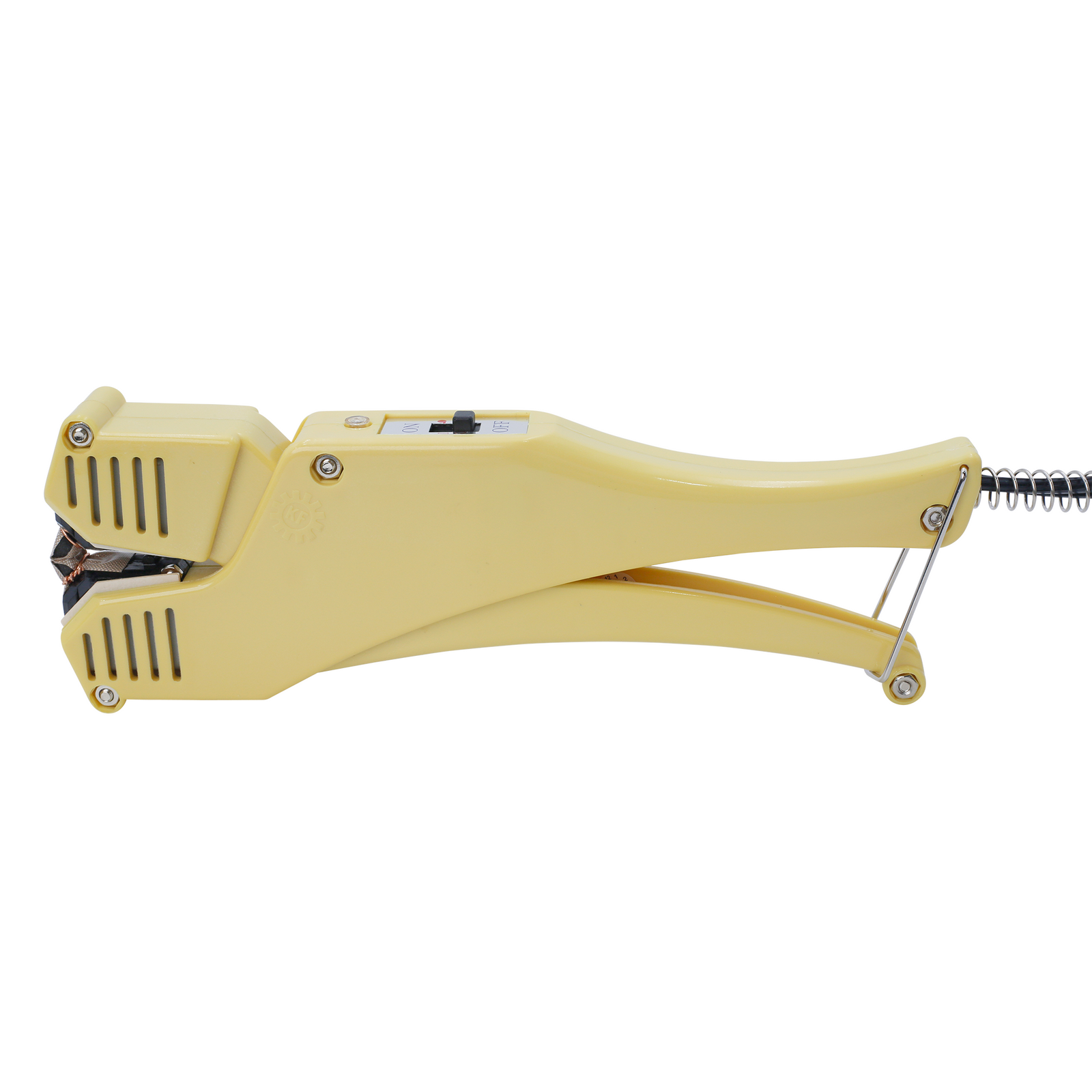 side view of yellow manual direct heat clamshell sealer