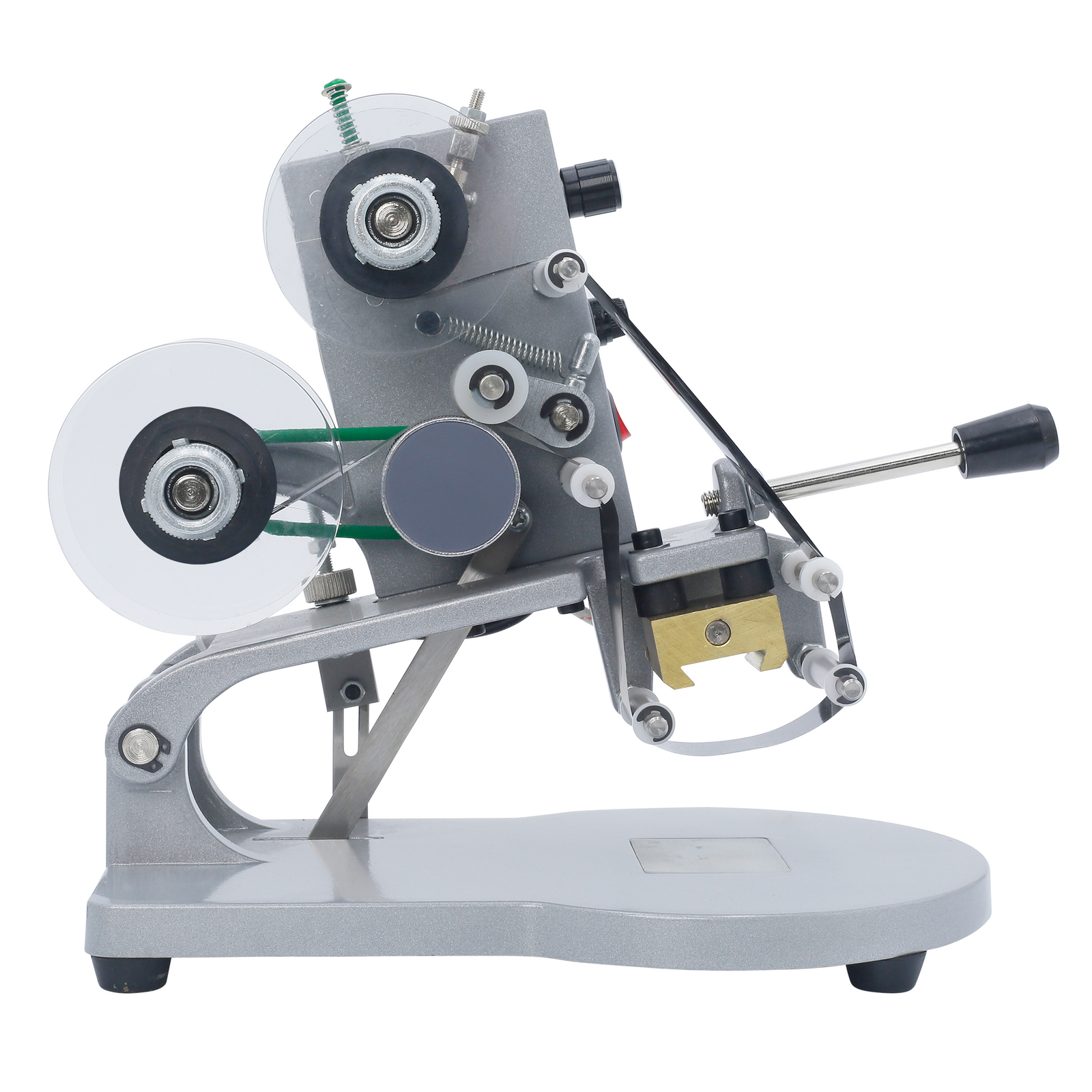 Side of the DAX manual hot foil stamping printer with a black ink hot stamping roll installed