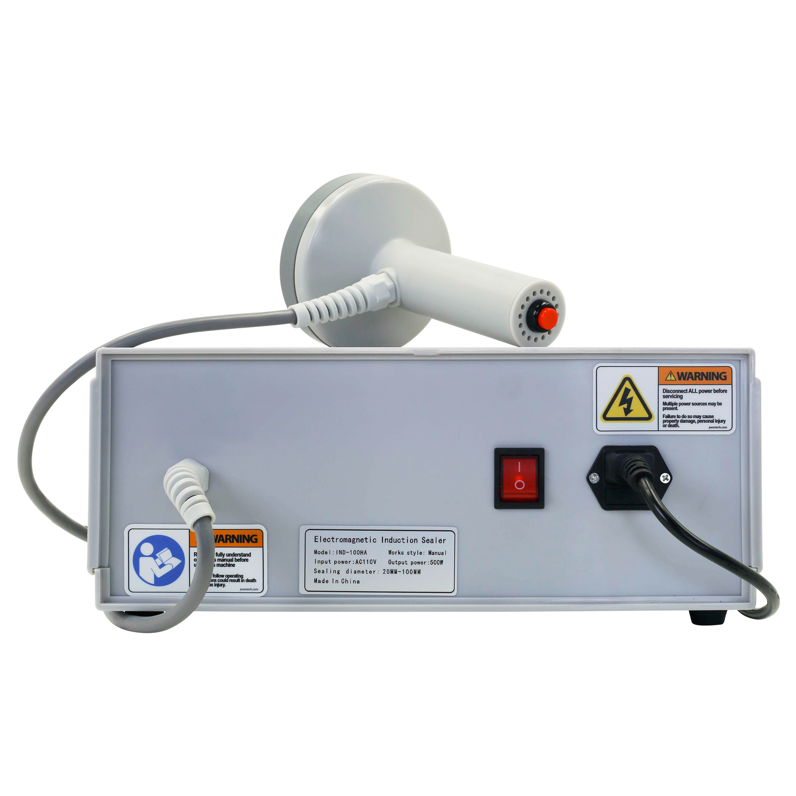 The Jorestech Manual induction cap sealer shown from the back over white background