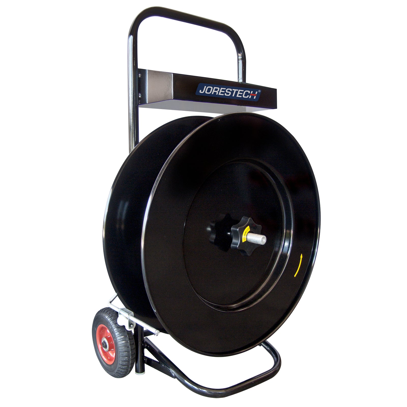 Diagonal view of a black Jorestech Manual Pallet Poly Strapping Metal Cart with 16x16 inch core dispenser and wheels