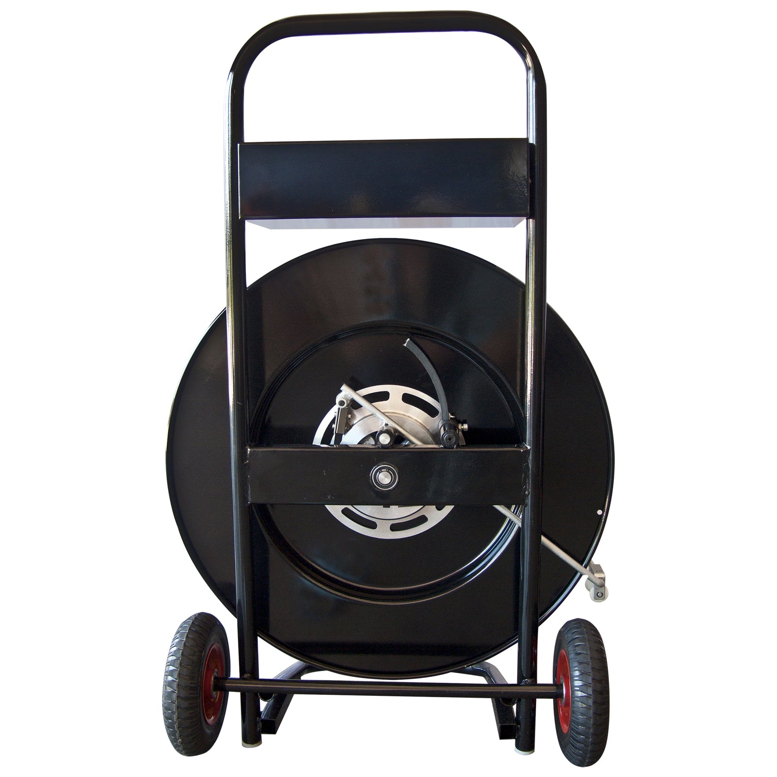Back of a black Jorestech Manual Pallet Poly Strapping Metal Cart with wheels