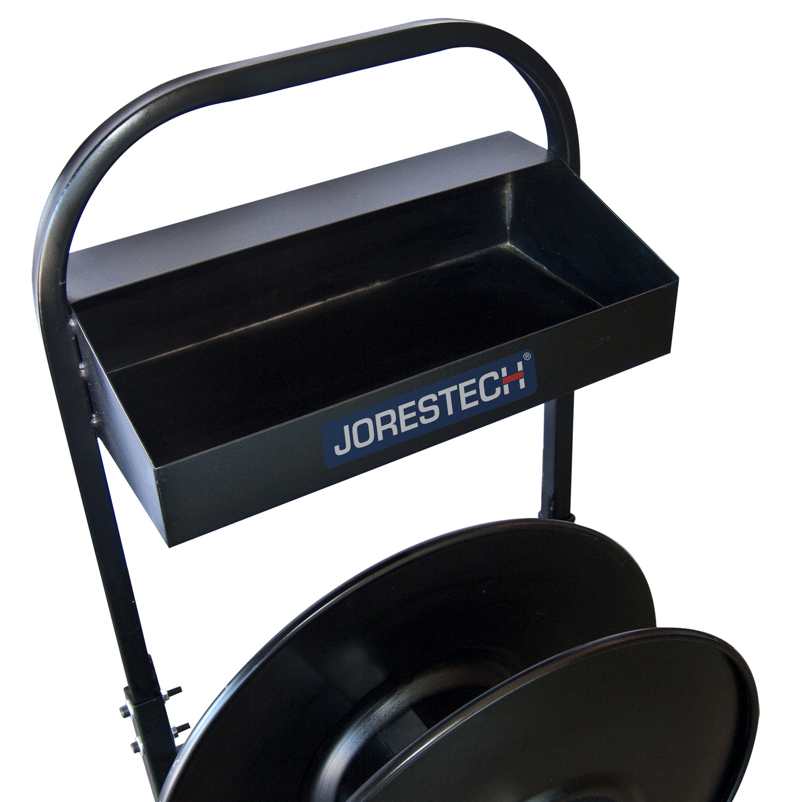 Close up of the upper tray of the black JORES TECHNOLOGIES® manual pallet poly strapping dispenser 