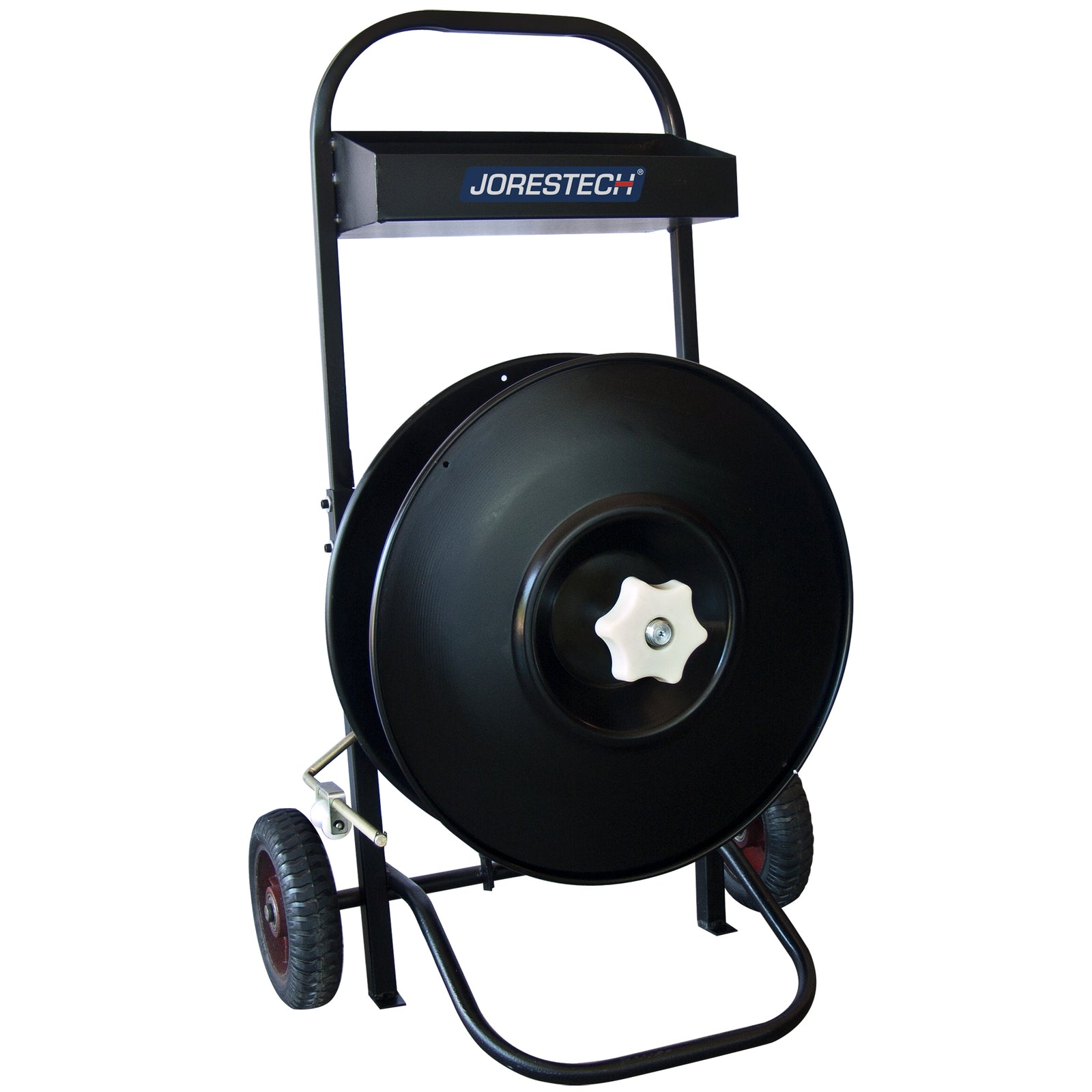 View of a black Jorestech Manual Pallet Poly Strapping Cart with 8 inch core dispenser with wheels