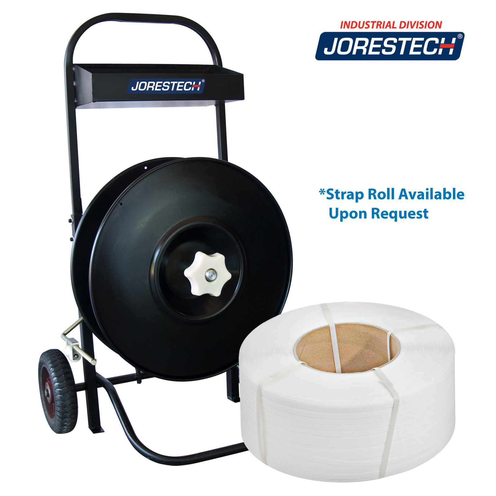Black Jorestech Manual Pallet Poly Strapping Cart with wheels over white background and a roll of strap beside it. Text reads: strap roll available upon request 