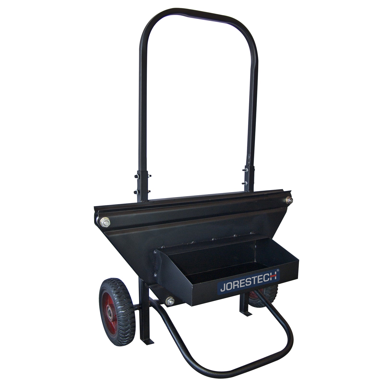 Diagonal view of a black JORES TECHNOLOGIES® manual pallet steel strapping cart dispenser strap steel