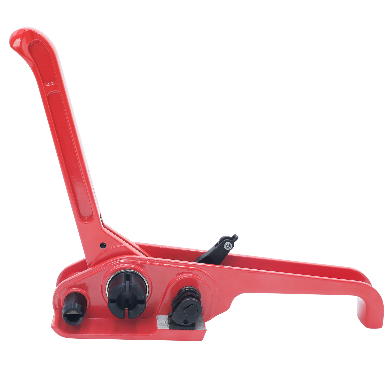 The JORES TECHNOLOGIES® red and black manual poly strapping tensioner with its handle  open