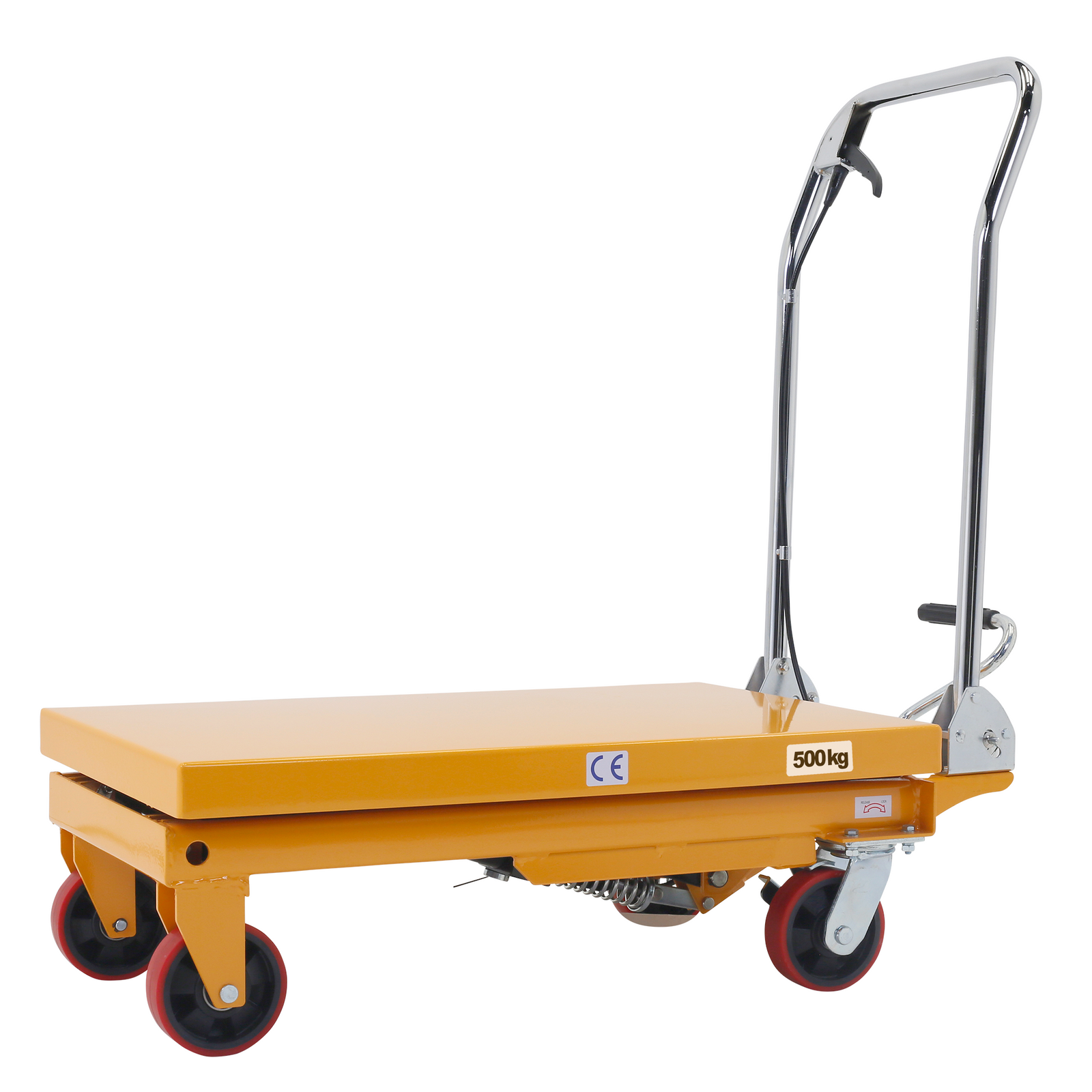 Diagonal view of a JORES TECHNOLOGIES® black and yellow table lift for 500 Kg. The table is completely collapsed.