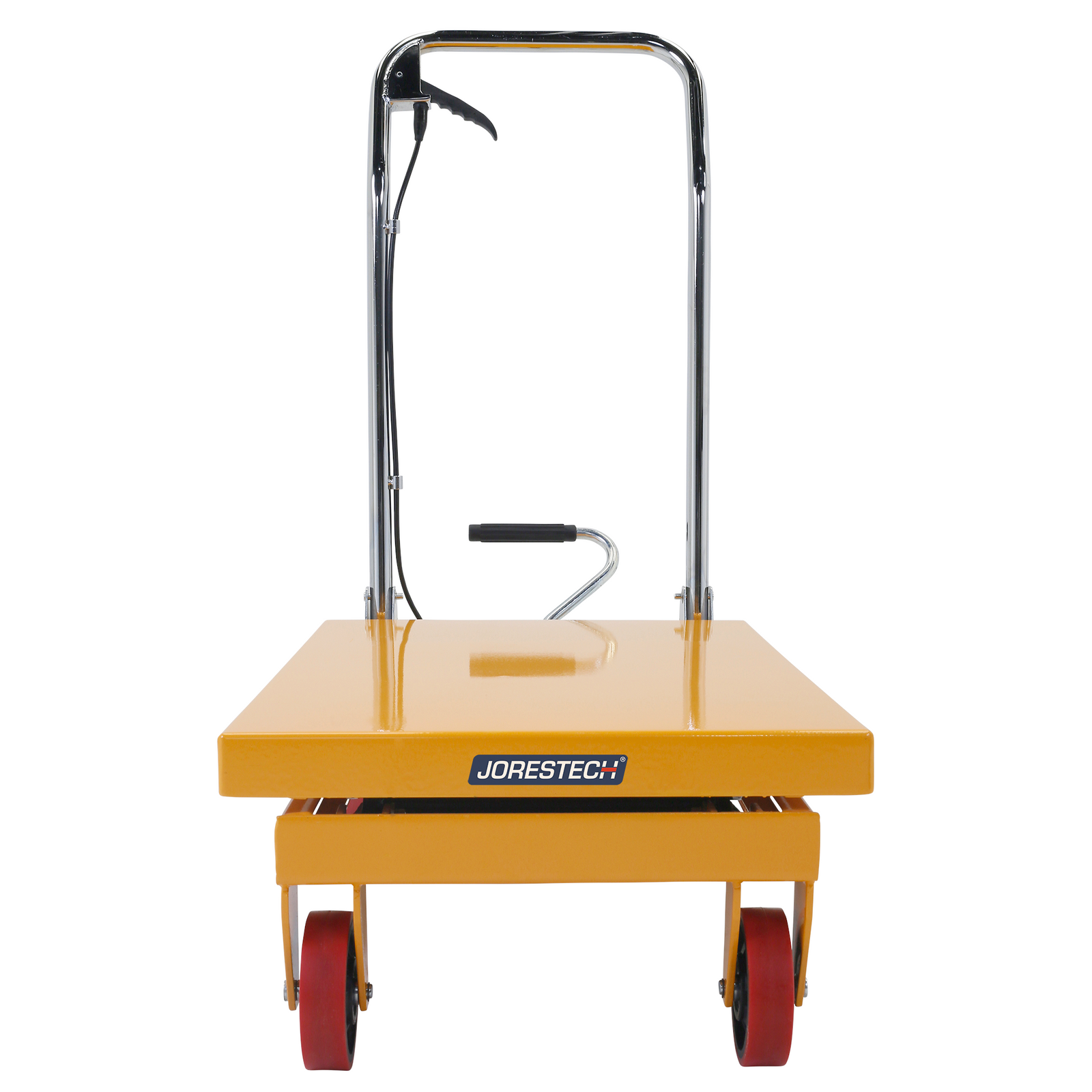 Front view of a JORESTECH black and yellow table lift for 500 Kg. The table is completely collapsed and it has noting on top.