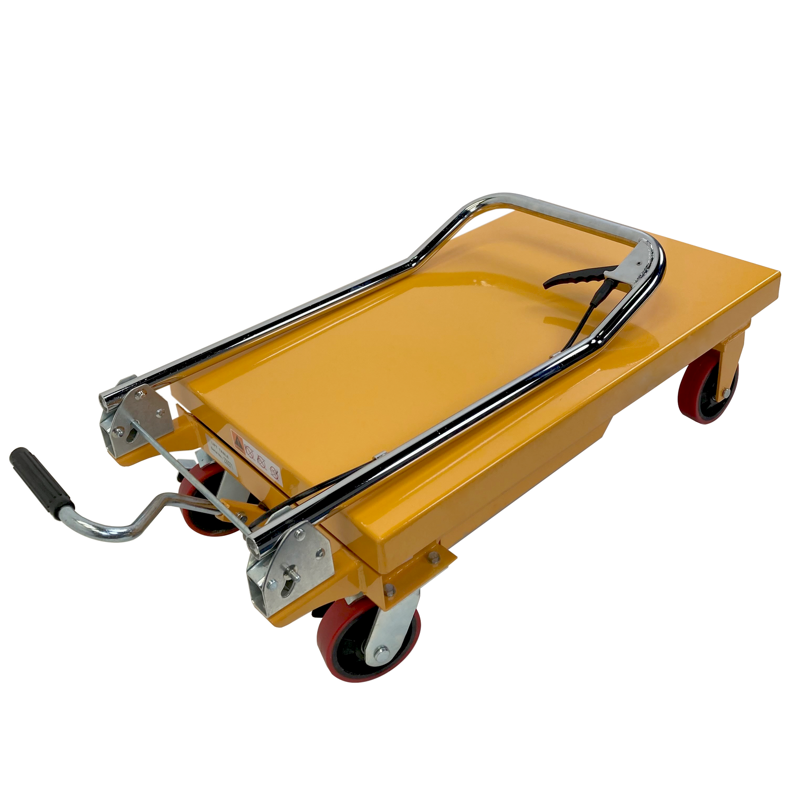 Showing the yellow table lift for 150 kilograms with the handle of the JORES TECHNOLOGIES® scissor table lift collapsed to make it less bulky when storage or for transportation. Also shows all 4 red rubber heavy duty wheels. Back wheels of the lift table have brakes