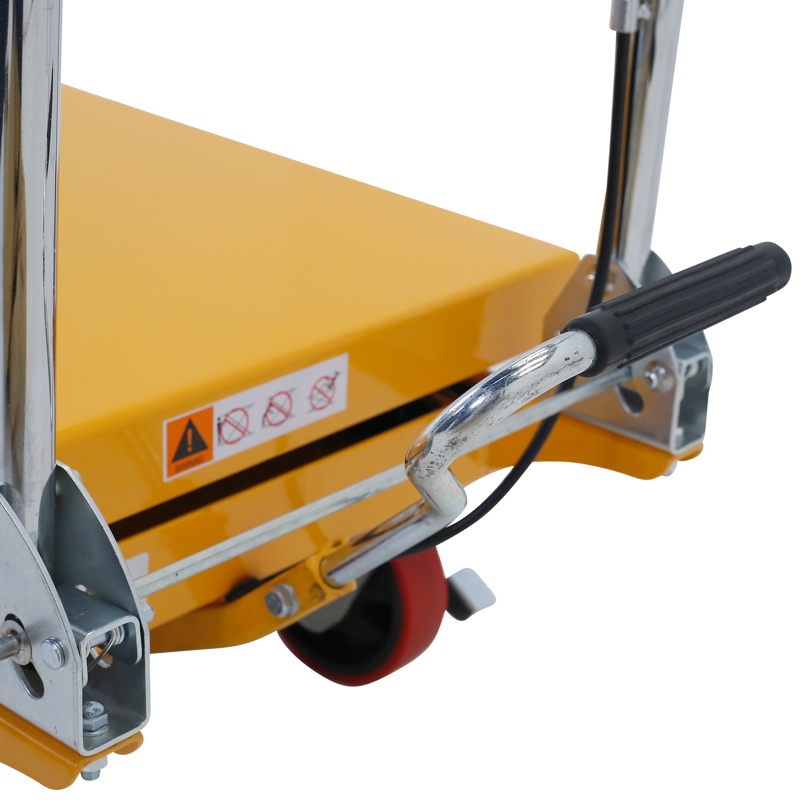 Show the foot pedal that lift the table base of the mobile scissor lift table for 330 LBS from JORES TECHNOLOGIES®. Also one of the red wheel with brakes can be seen.