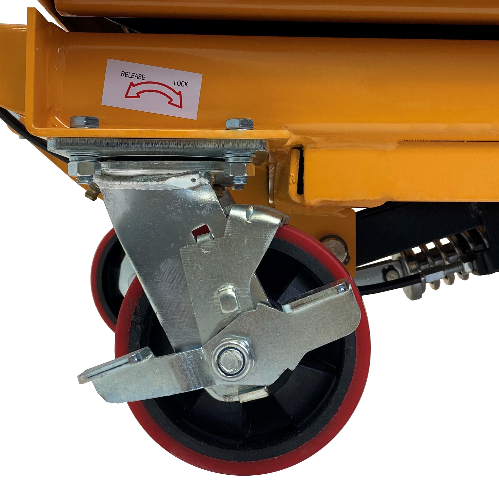 Close up of one of the rugged red back wheels with brakes of the mobile scissor lift table for 660 pounds. A sticker describes the position for the brake to be released and to be locked