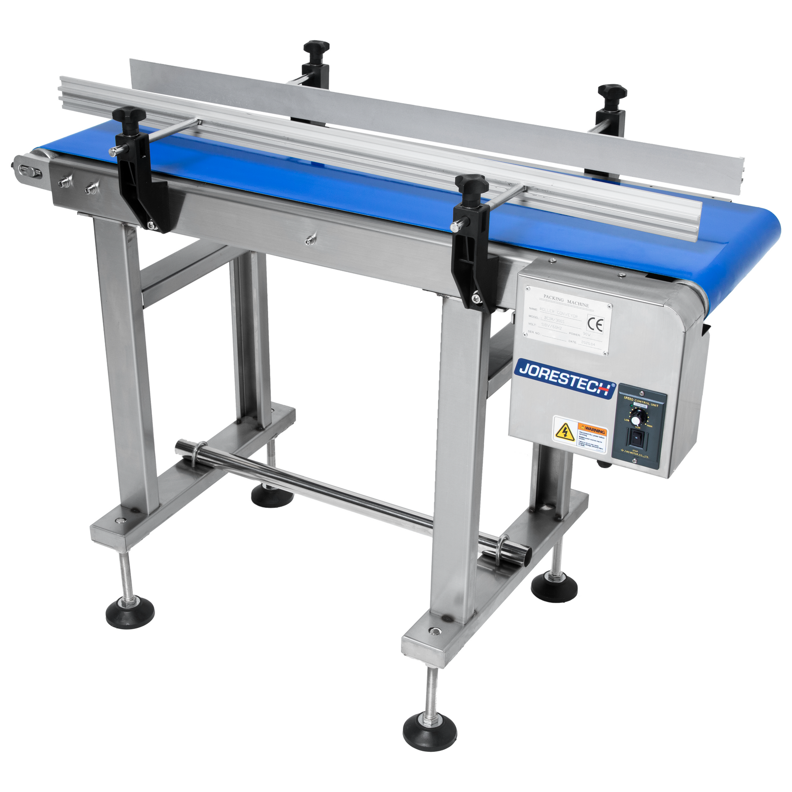 motorized conveyor with steel frame and blue belt that features side guard rails.