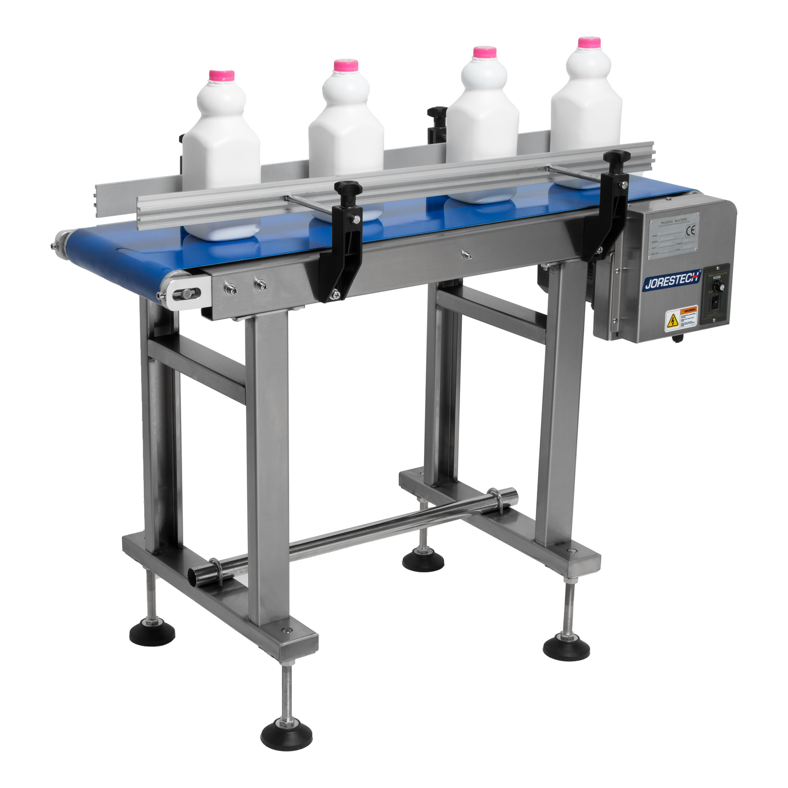 JORESTECH motorized conveyor with white milk bottles on blue belt