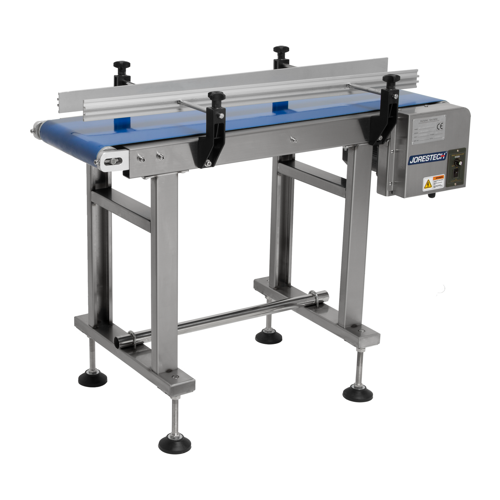 motorized conveyor with steel frame and blue belt that features side guard rails