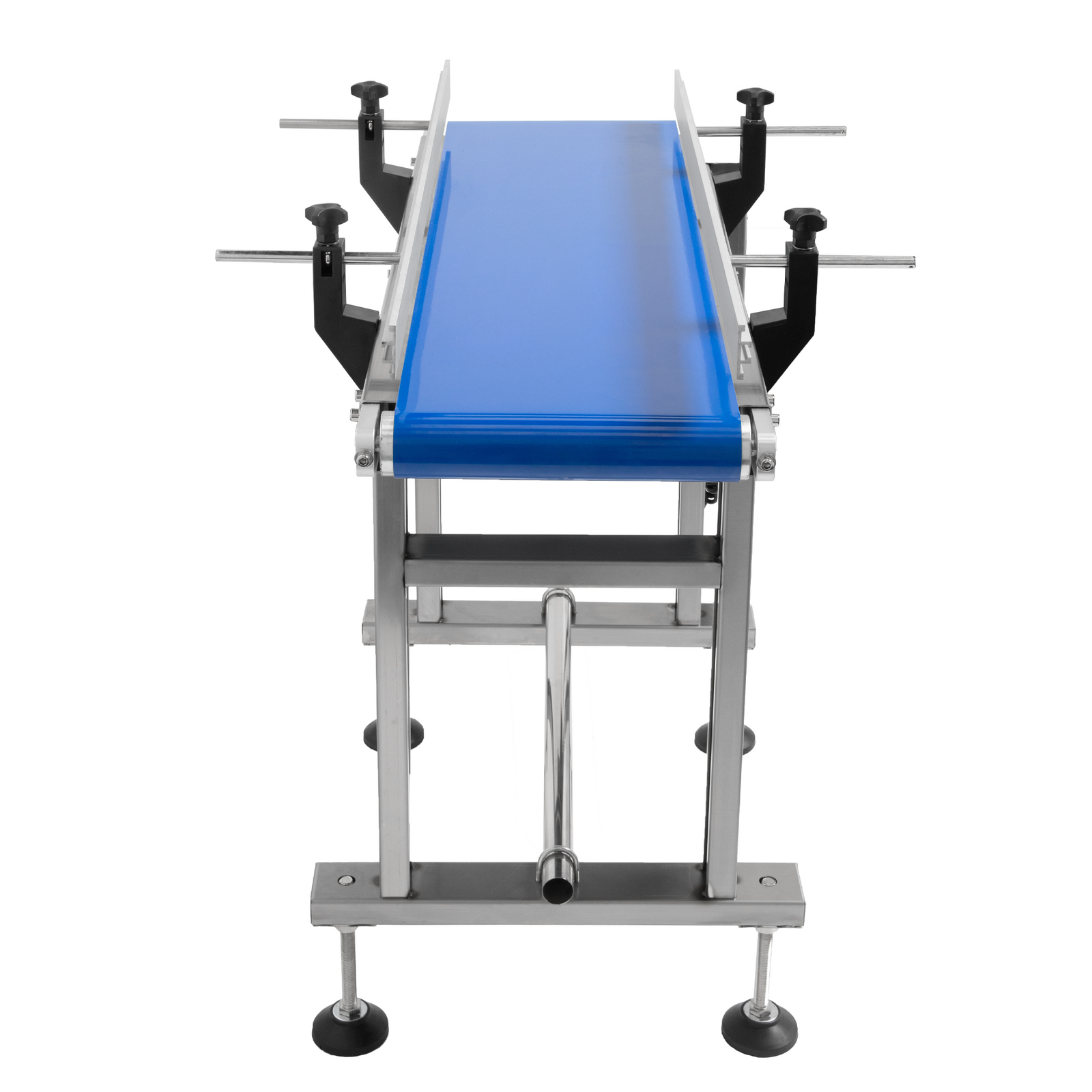 motorized conveyor with steel frame and blue belt that features side guard rails