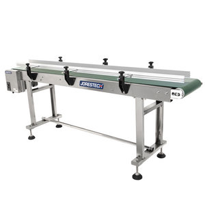 motorized conveyor with steel frame and green belt that features side guard rails by JORES TECHNOLOGIES®