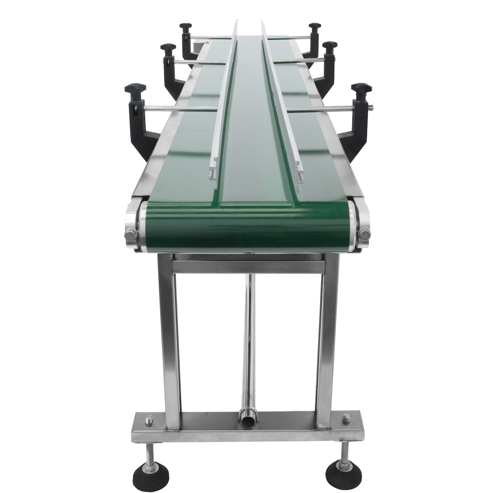 motorized conveyor with steel frame and green belt that features adjusted side guard rails by JORES TECHNOLOGIES®