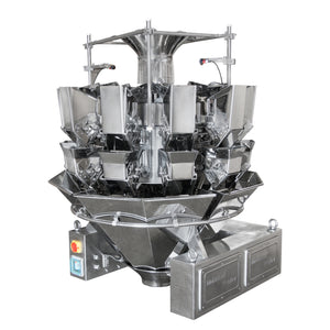 The JORES TECHNOLOGIES® stainless steel 10 head radial combination weigher in a diagonal view 