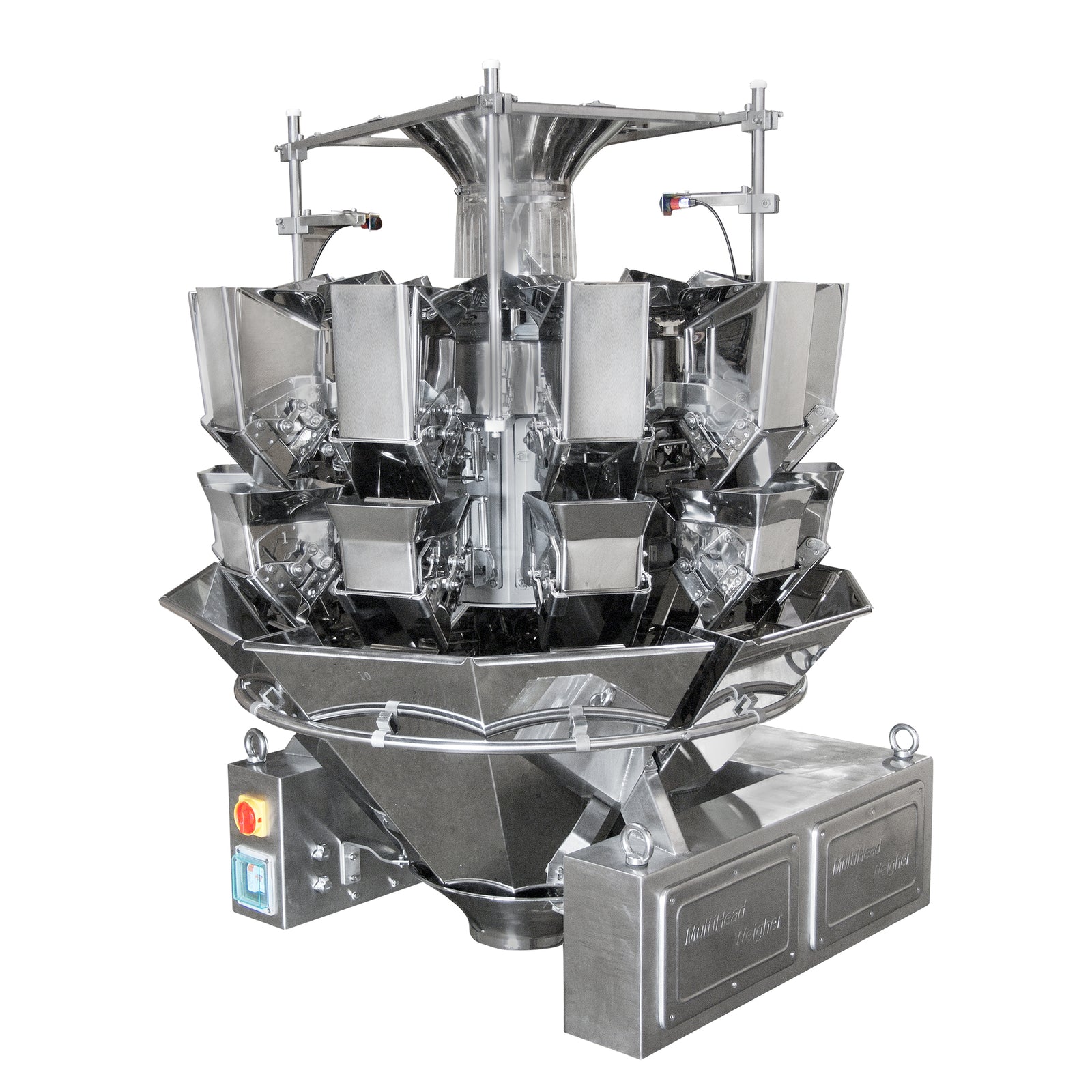 The Jorestech stainless steel 10 head radial combination weigher in a diagonal view over white background