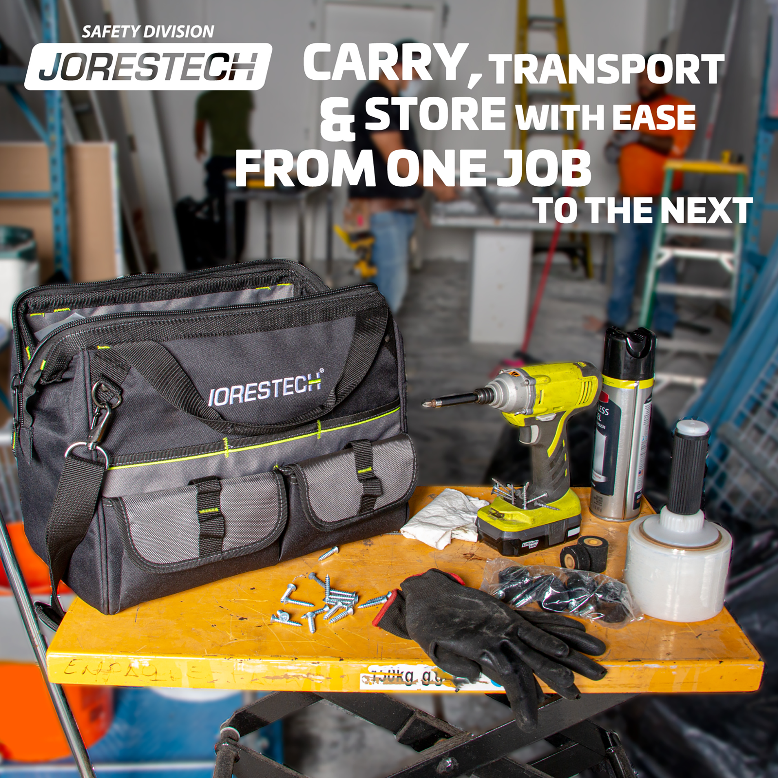Show the multipurpose tool organizer bag being used on top of a working lift table in a workshop with technicians in the background. Text reads: carry, transport and store with ease from one job to the next
