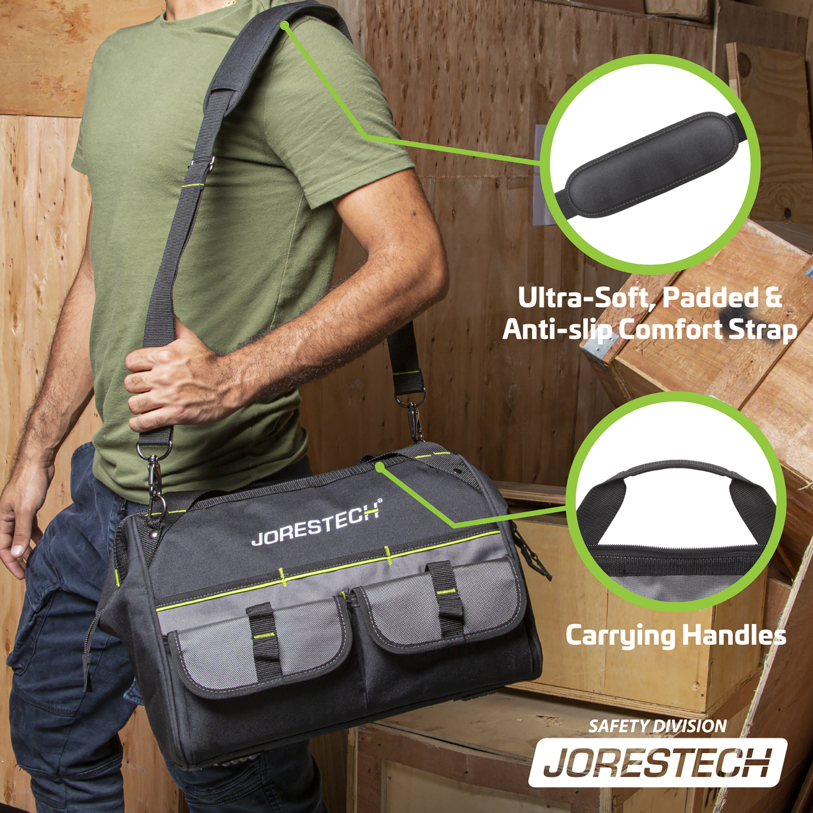 A worker carrying the JORESTECH multipurpose tool bag with many wood boxes in the background. 2 cal outs mention ultra soft padded & anti-slip comfort shoulder strap, and carrying handles